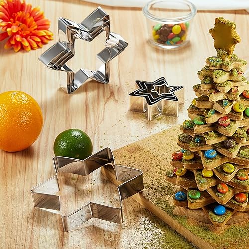 Miniatura 9 de MUMSUNG Juego de cortadores de galletas con forma de estrella, 10 moldes de galletas en forma de estrella, galletas de árbol de Navidad 3D con