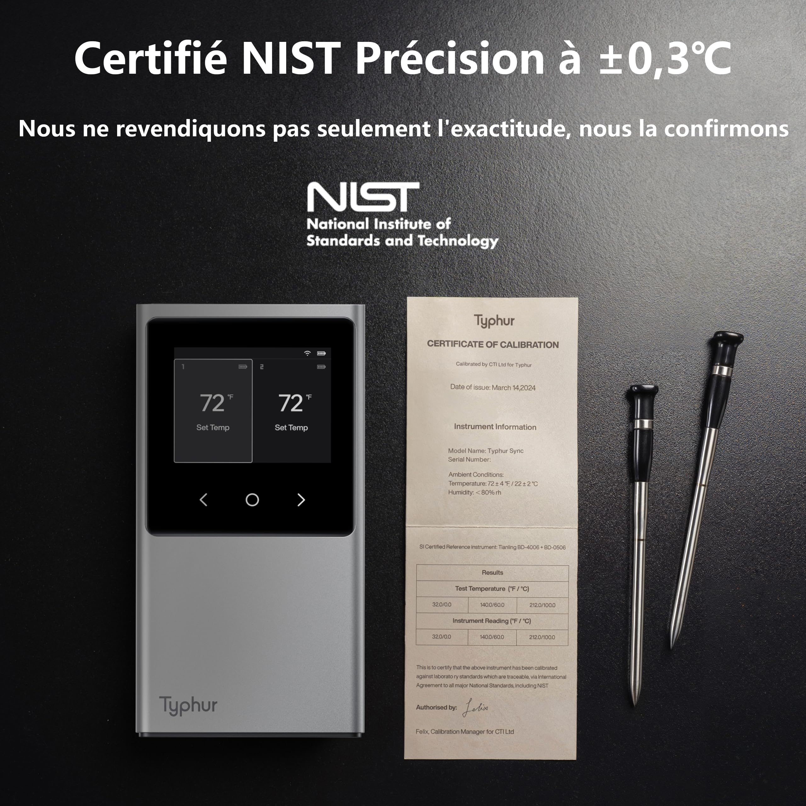 Typhur Thermomètre à Viande Intelligent Sans Fil -2 Sondes 12 Capteurs, 122m Bluetooth 5.4 Haute Stabilité, Surveillance WiFi Illimitée, IP67 Etanche Thermomètre Cuisine Cuison pour Gril Four Barbecue