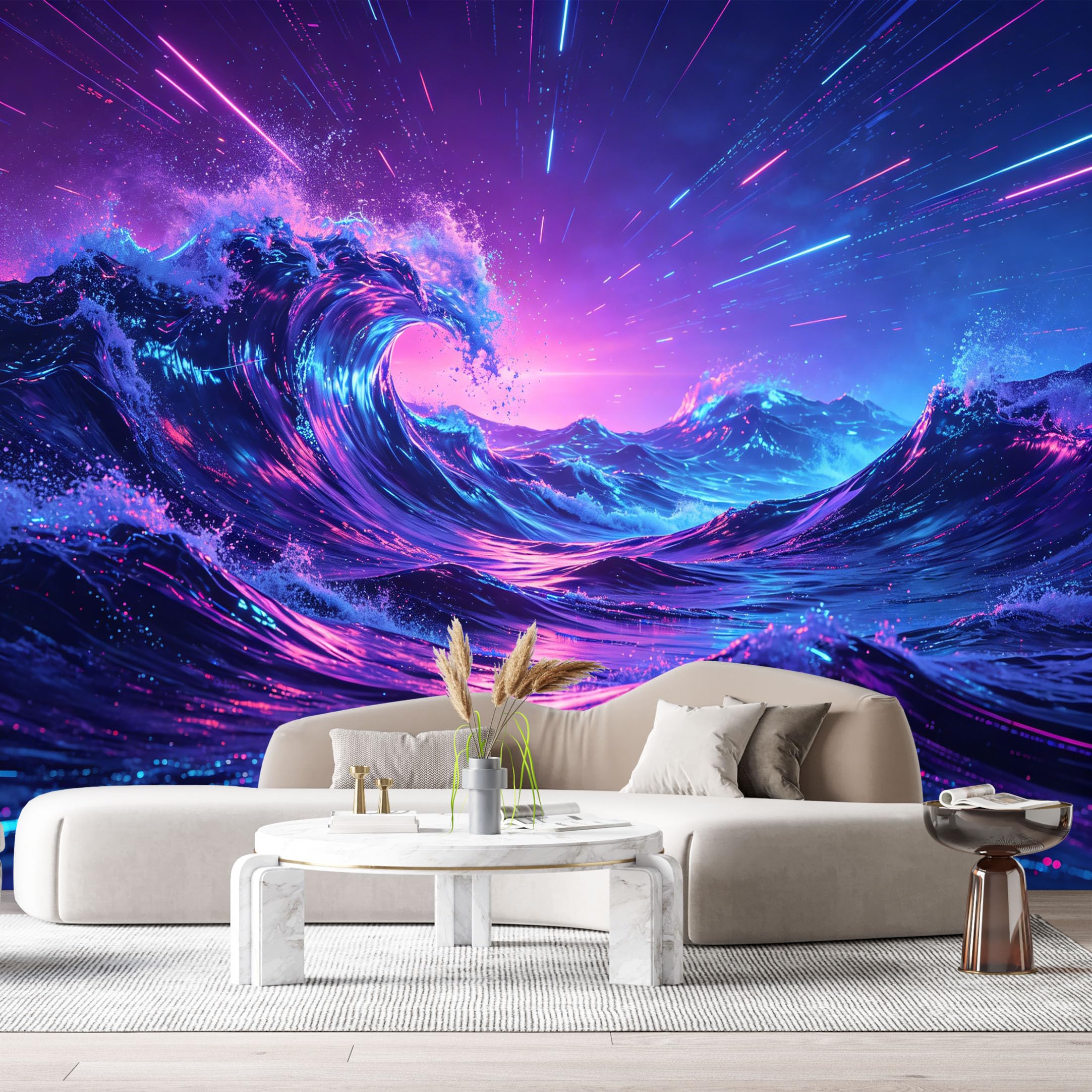 Custom Size Wall Murals Neon Ocean Wave Contemporary 3D Modern SelfAdhesive Wall Fabric Removable Large Wallpaper for Photo Living Room Interior Mural Art Decor