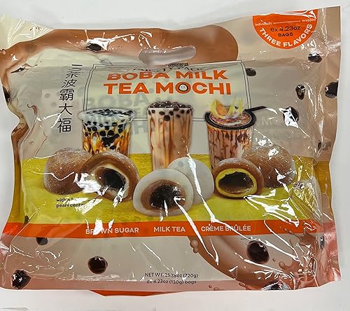 Boba Tea Milk Mochi - Paquete variado de tres sabores azúcar morena té con leche crema brulee 6 bolsas envueltas individualmente total 2538 onzas