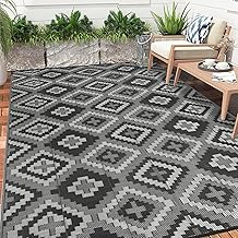 Enyhom Groß Außenteppich 180 x 270 cm, Flachgewebe Kunststoff Picknickdecke, Wendbarer UV-beständige Campingmatte, Wasserdicht Farbecht Balkonteppich für RV Camping Terrassen Garten, Schwarz Grau