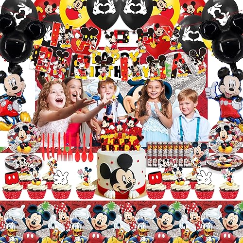 Miniatura 4 de 186 piezas de suministros de fiesta de cumpleaños de ratones catoon para 20 invitados, incluye decoraciones de pasteles, telón de fondo, pancarta,