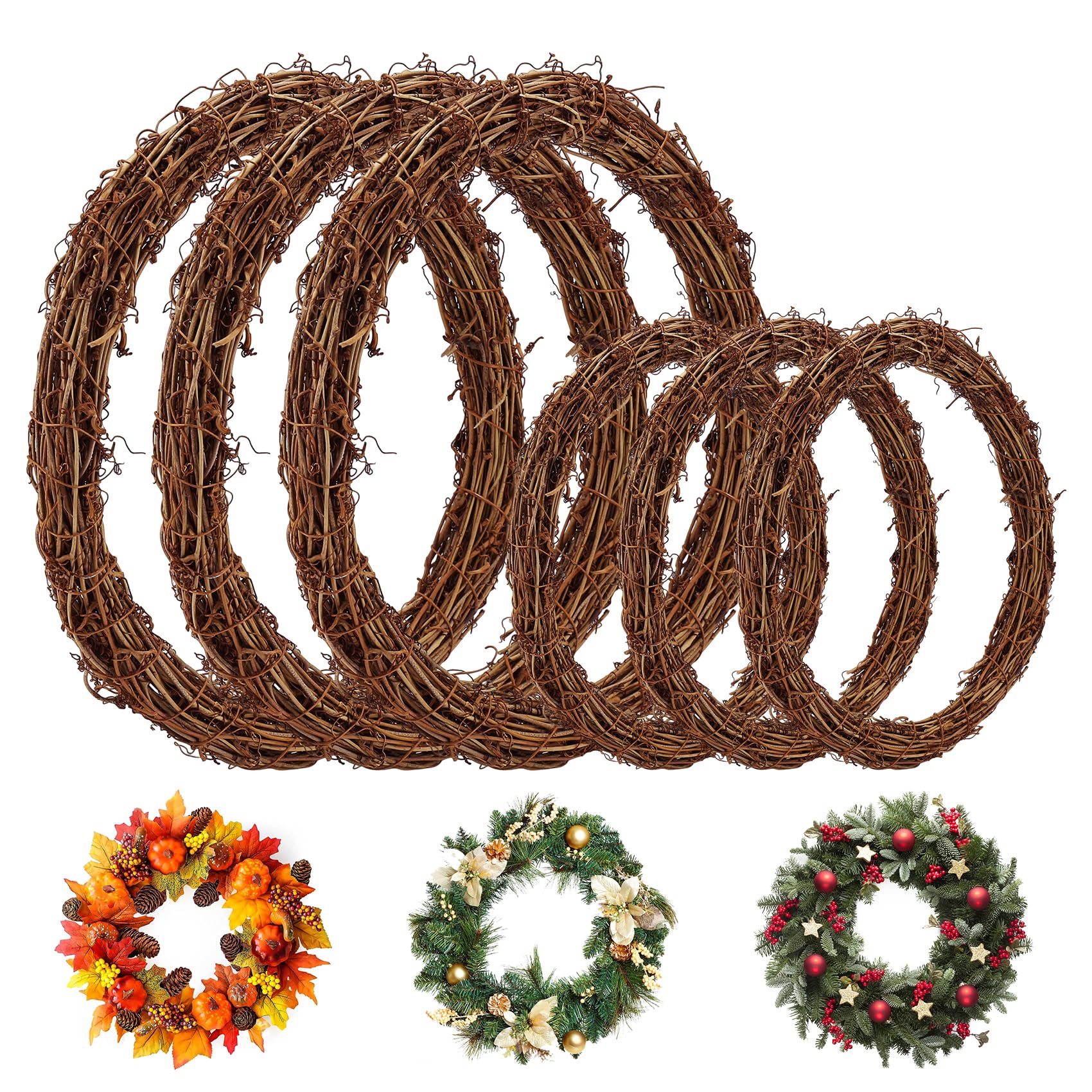 Natural Grapevine Wreath 3 PCS 30 CM +3 PCS 20 CM Spring Wreath for Front Door Vine Rattan Wreath for DIY Craft Front Door Wall Decor Easter Christmas Halloween Wreath Wedding Party Decor