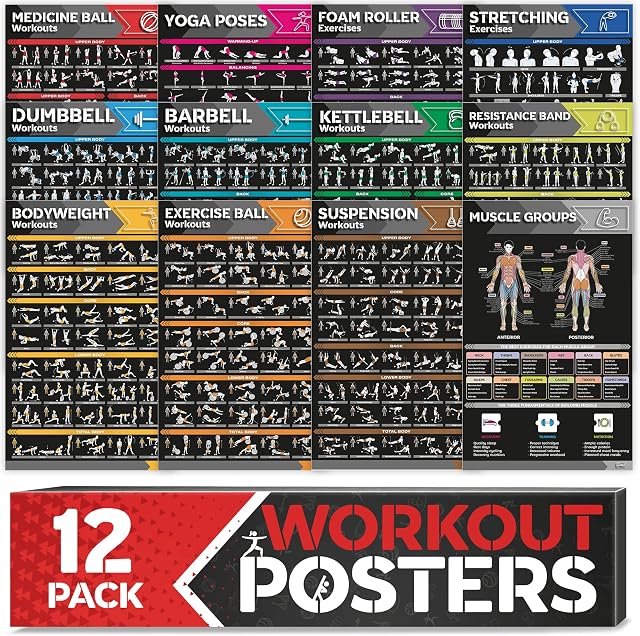 GRAND BASICS [12-PACK] Laminated Large Workout Poster Set - Perfect Posters for Home Gym Exercise Charts Incl. Dumbbell, Yoga Poses, Kettlebell, Stretching & More Fitness Posters, 17'' x 27''