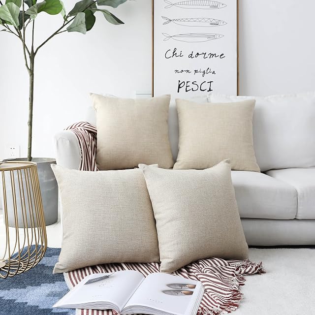 Home Brilliant Decorative Faux Linen Cushion Covers Square Throw Pillow Covers Protector Cushion Cover for Sofa, Set of 4, Light Linen, 45 cm, 18 inch