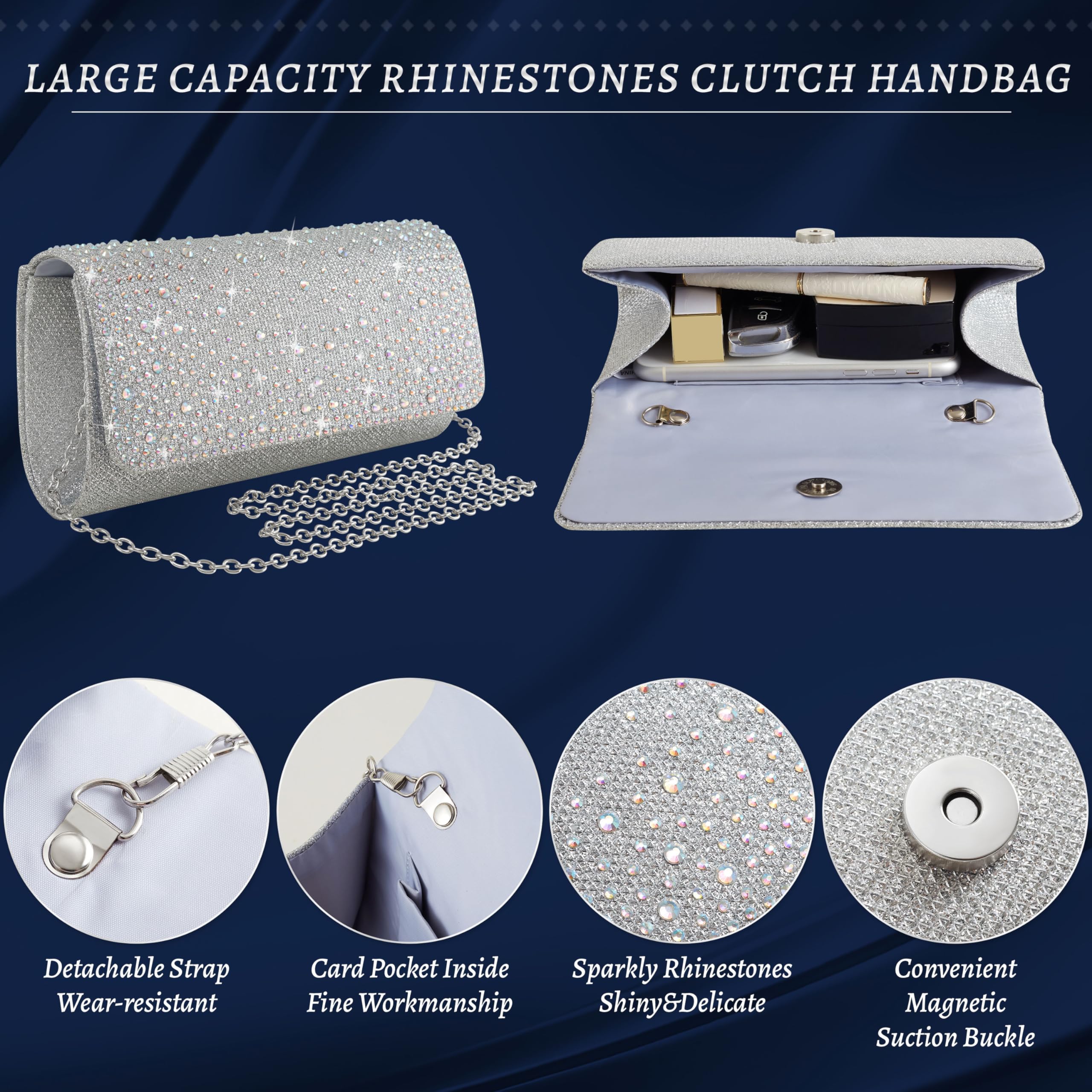 4Pcs Silver Clutch Formal Purse Bag Jewelry Set for Women  display picture 2