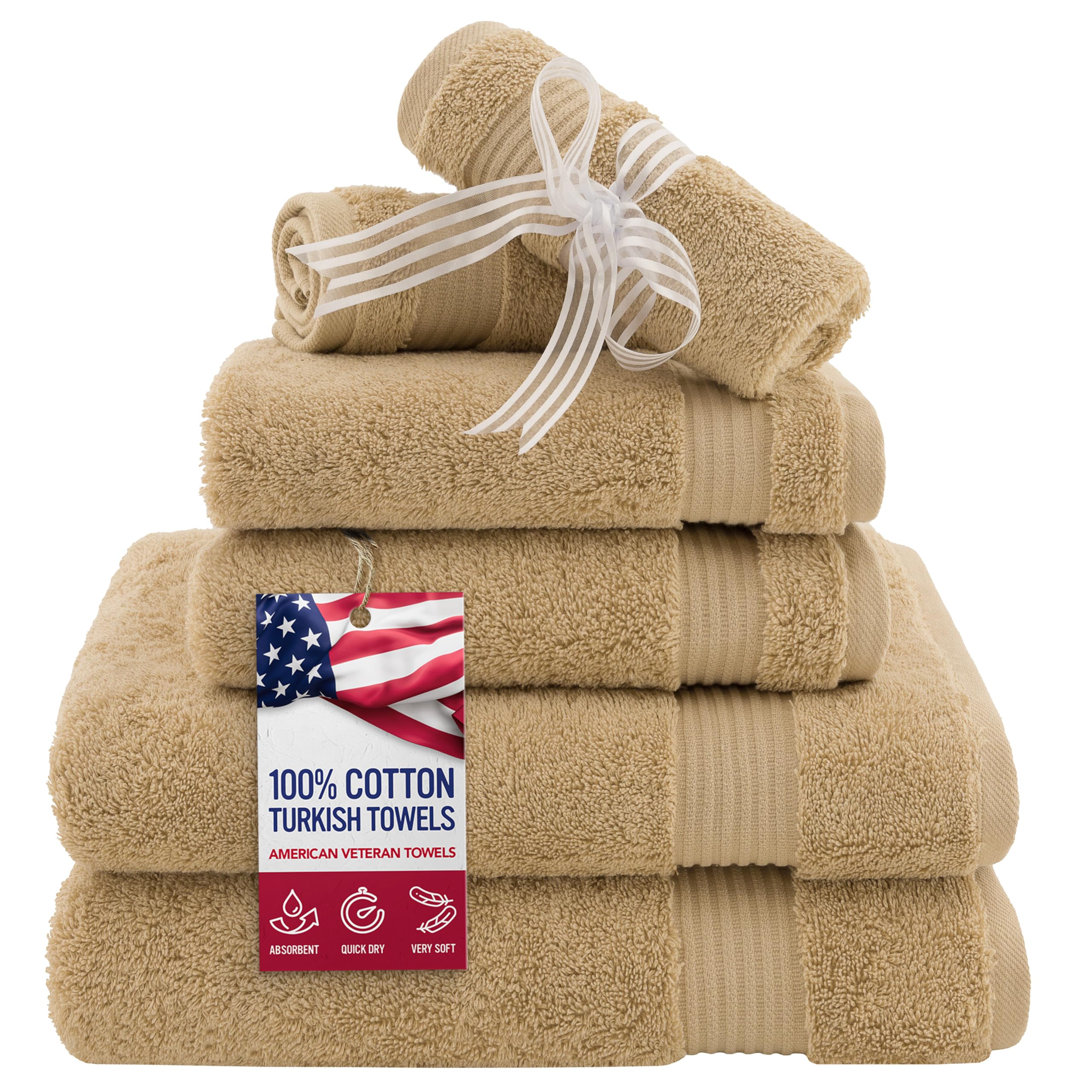 Super Absorbent and Soft Hotel &amp; Spa Quality, 100% Genuine Cotton, 6 Piece Turkish Towel Set for Kitchen and Decorative Bathroom Sets Includes 2 Bath Towels 2 Hand Towels 2 Washcloths, Sand Taupe