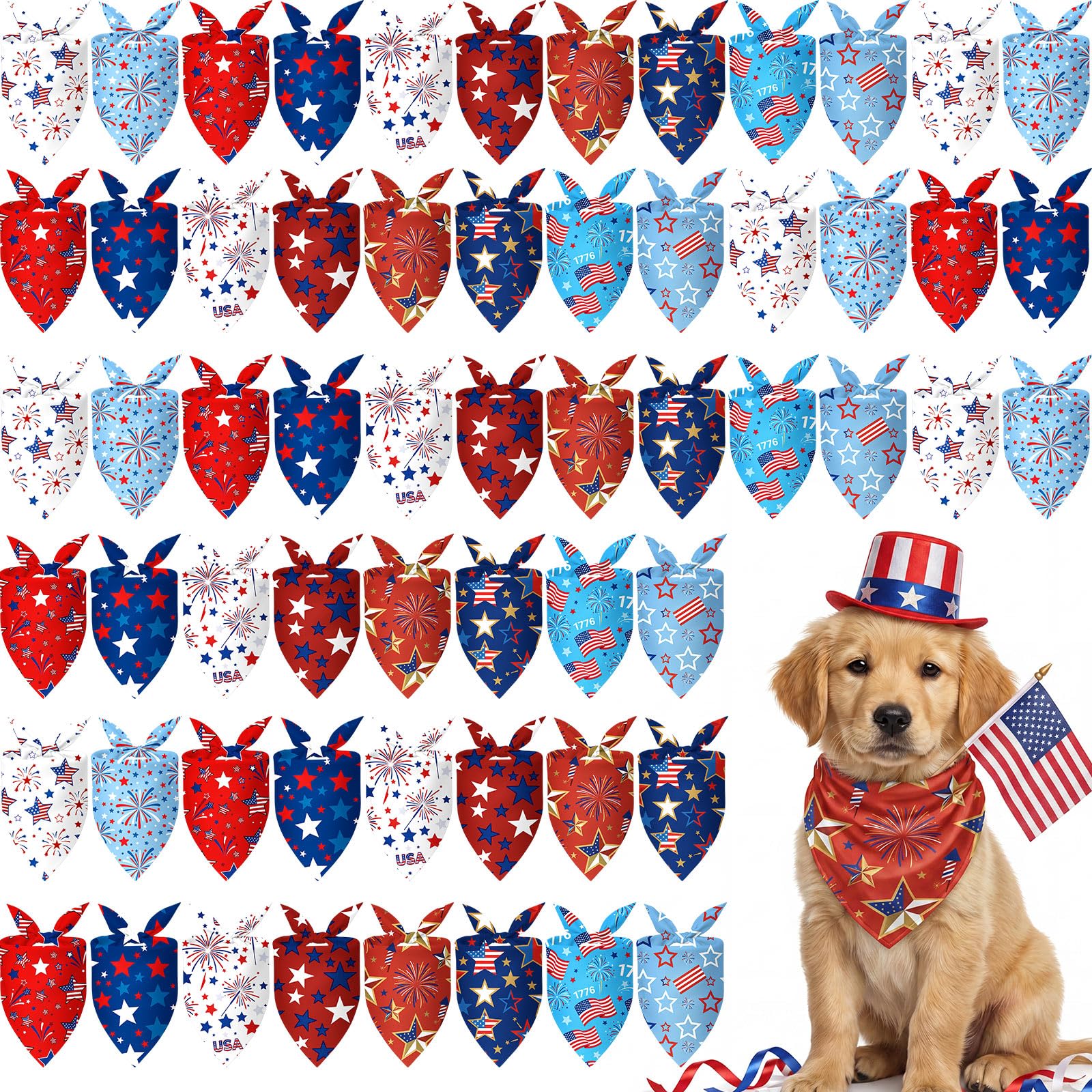 Weewooday 50 Pcs 4th of July Dog Bandanas Bulk for 1776 Patriotic 250th Anniversary Star Red White and Blue Independence Day Flag Scarf for Small Medium Large Outfit(Star, 19.7 x 13.8 x 13.8 Inch)