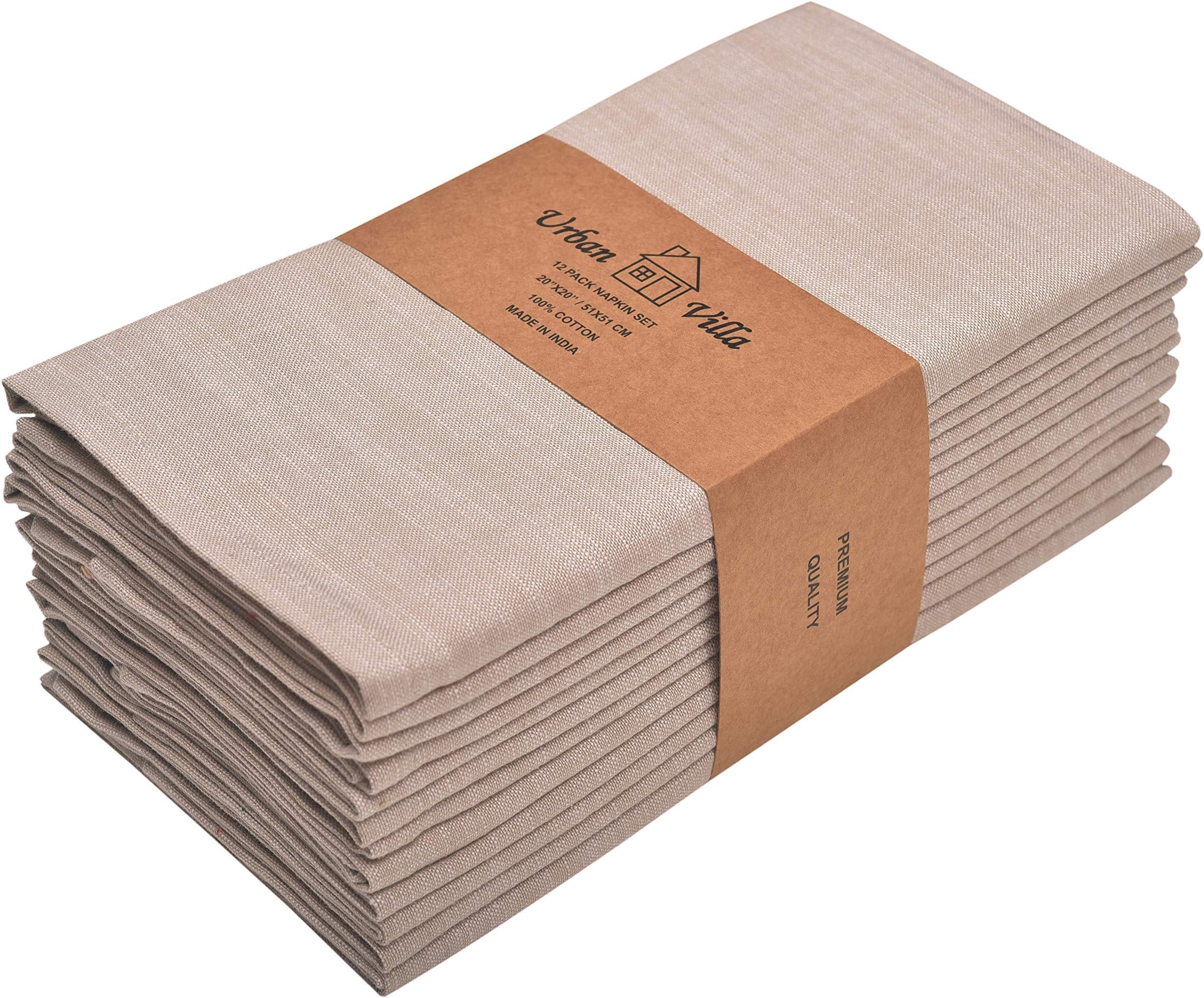 Urban Villa,Horizontal Stripes, Dinner Napkins,Premium Hotel Quality,100% Cotton Set of 12 Size 20X20 Inch, Over sized Cloth Napkins with Mitered Corners, Ultra Soft Durable (Beige/White)