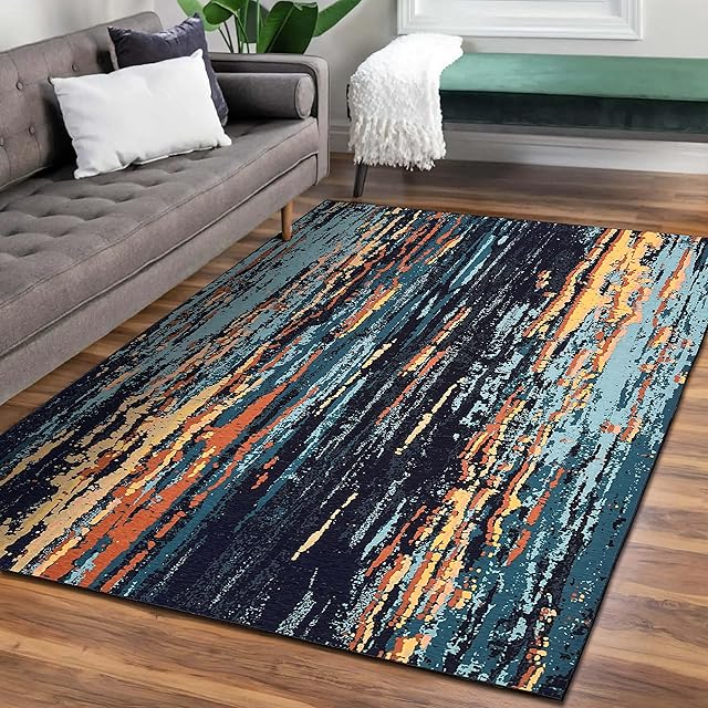 Green Decore Vernal Leticia Machine washable, Non Shedding, Non Slip Area Rug for Living Room, Bedroom, Dining Room, Hallway, Entryway and Kitchen - Dark Blue/Light Blue/Yellow, 120 cm x 180 cm