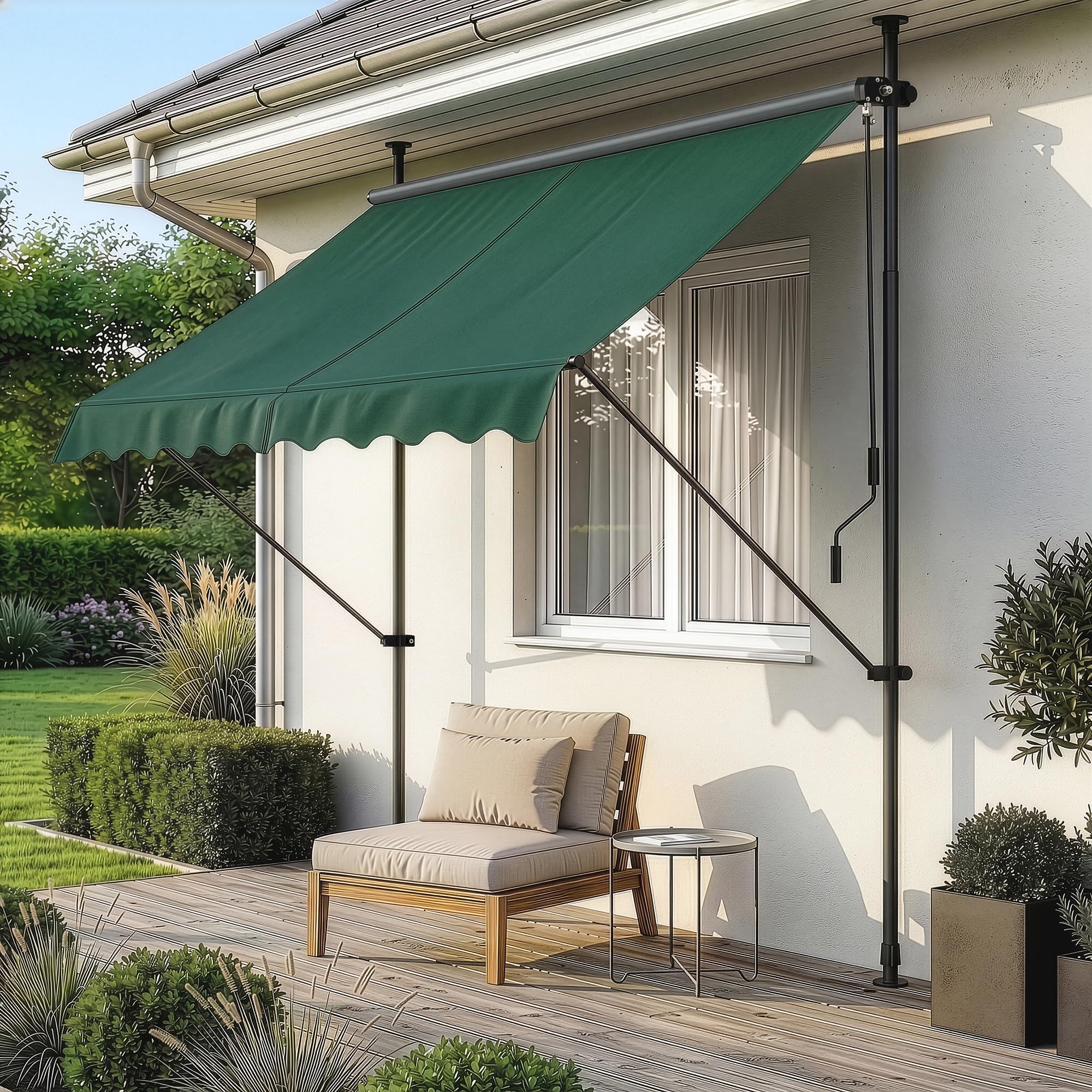 pro.tec Toldo Retráctil Stem Toldos Exterior Terraza Balcón Ajustable en Altura Manual Resistente Protector de Sol Sin Taladrar Acero/Poliéster 150 x 120 x 220-309 cm - Verde Oscuro