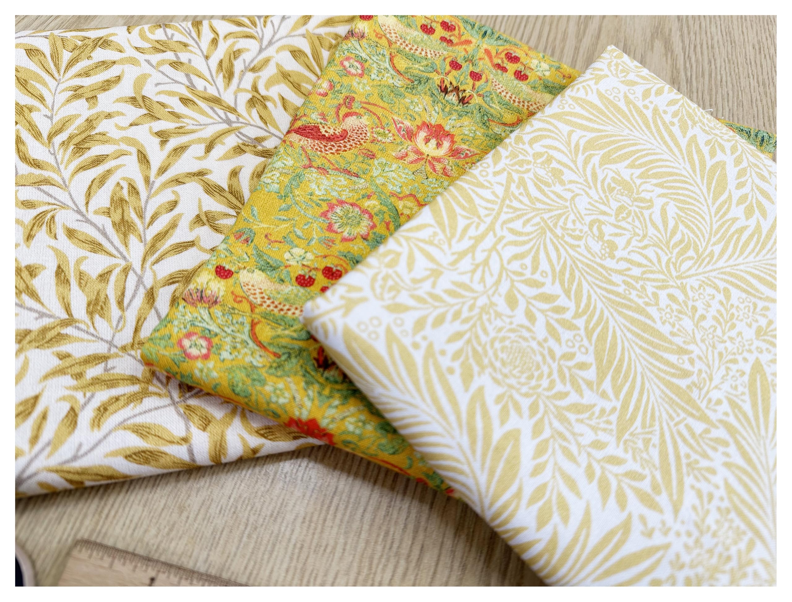Glamour Secrets Ochre William Morris Fabric - Fat Quarter Bundle - Yellow Floral Bird Print Fabric Material