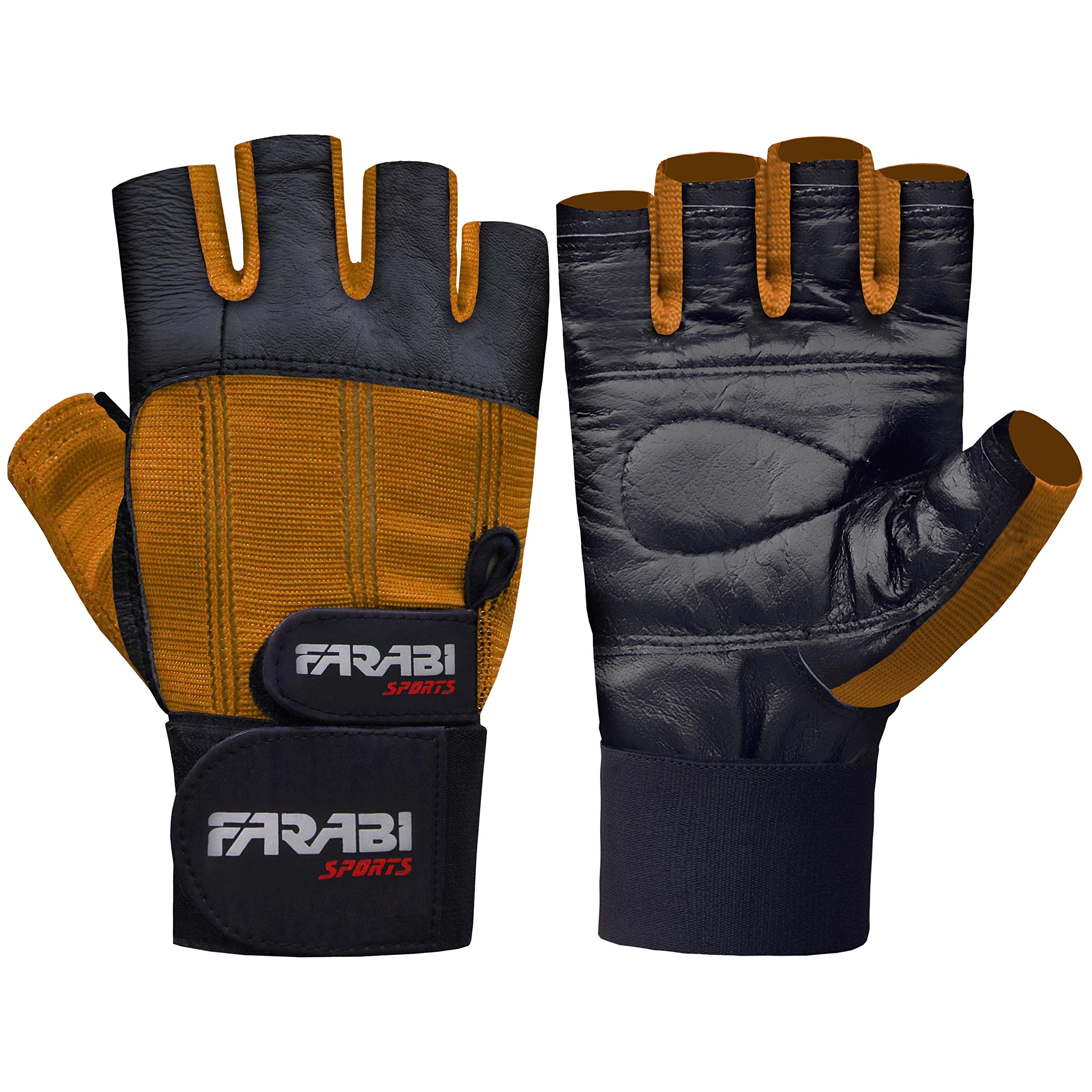 Farabi Weight Lifting Gym training Gloves Real Leather with 4 Way Stretch Mesh Spandex Hook & Loop Closure (Brown, Medium) — image 1