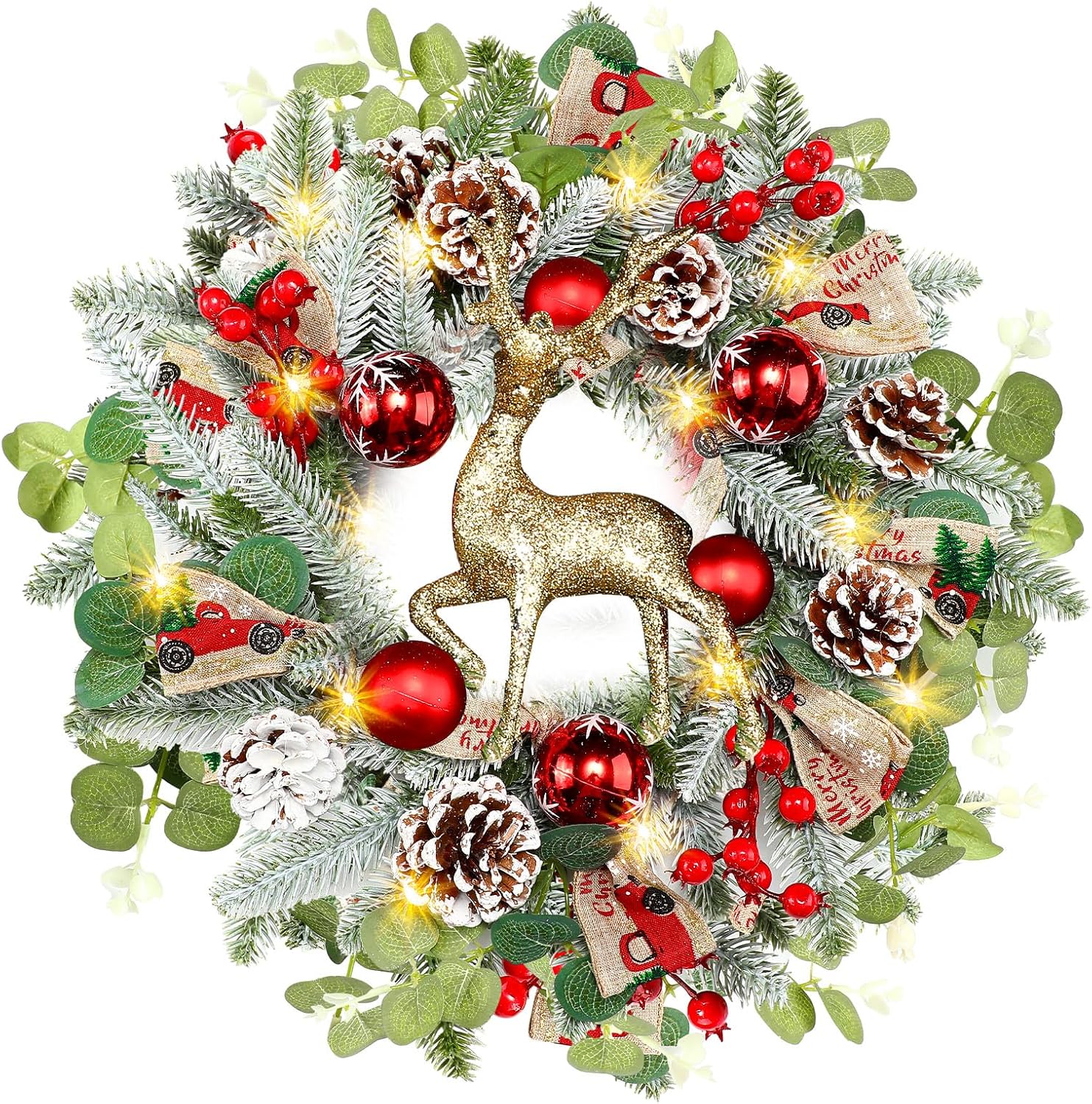 Pre-lit Christmas Wreaths for Front Door 13.7 Inches Christmas Blue Flowers Wreath Decorations with Blue Ball Pine Cones Ornaments 20 LED Lighted Hoop for Xmas Outdoor Wall Window