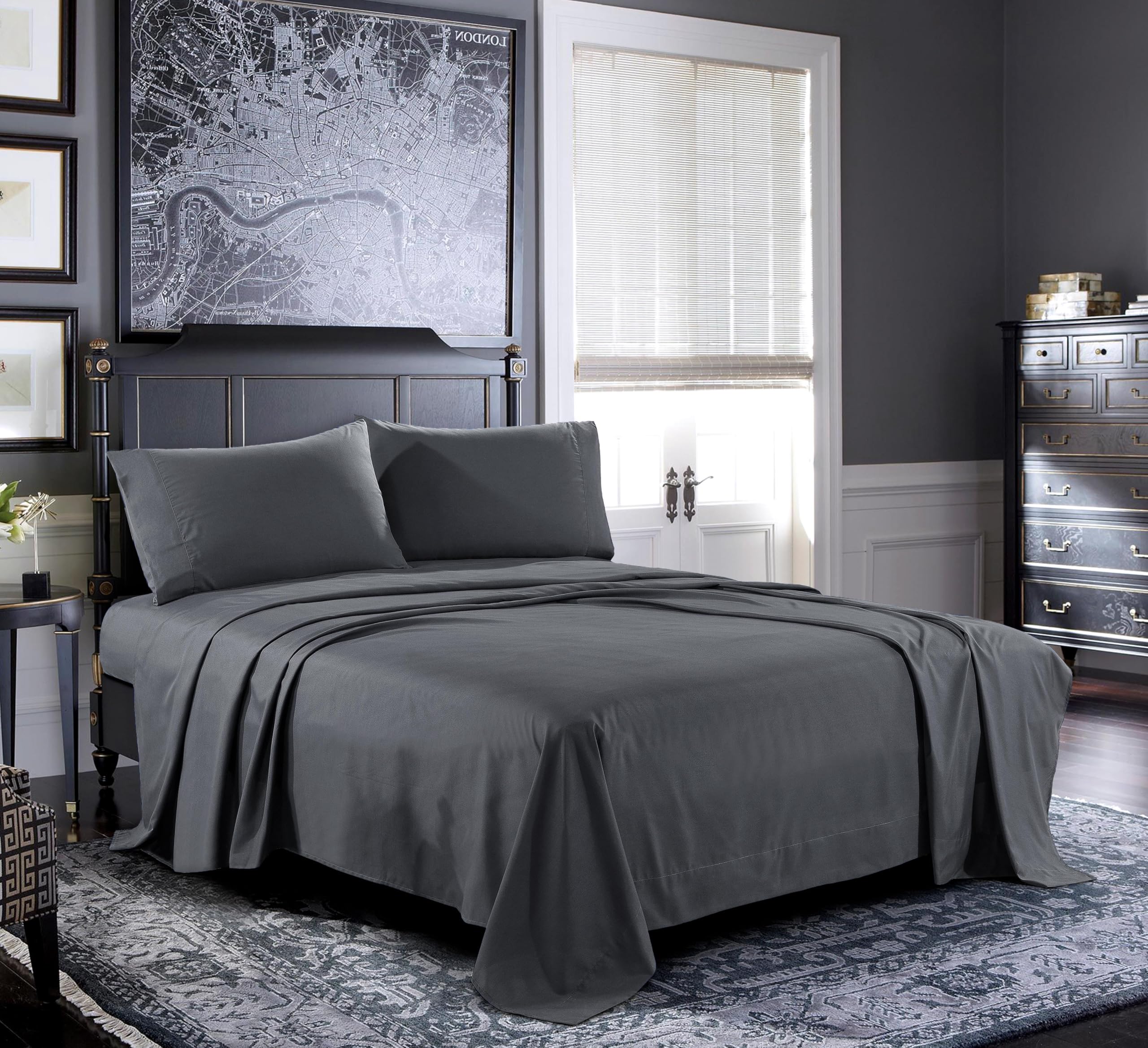 Pure Bedding Bed Sheets - Queen Sheet Set 4-Piece Dark Grey - Hotel Luxury 1800 Brushed Microfiber -