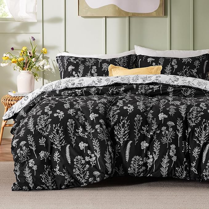 Bedsure Full Comforter Set Black Comforter, Cute Floral