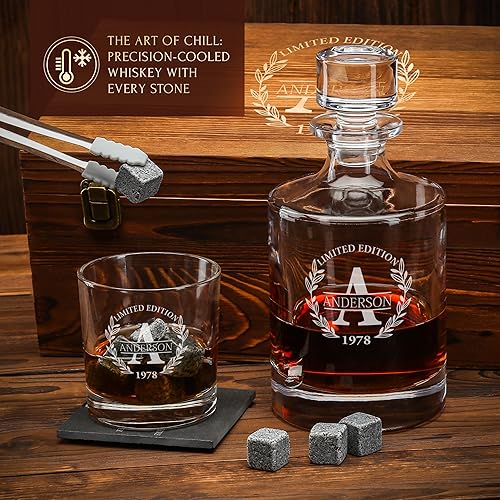 Miniatura 6 de Juego de decantador de whisky personalizado y piedras, regalo personalizado para él, hombres, papá, padre, decantador clásico redondo grabado,