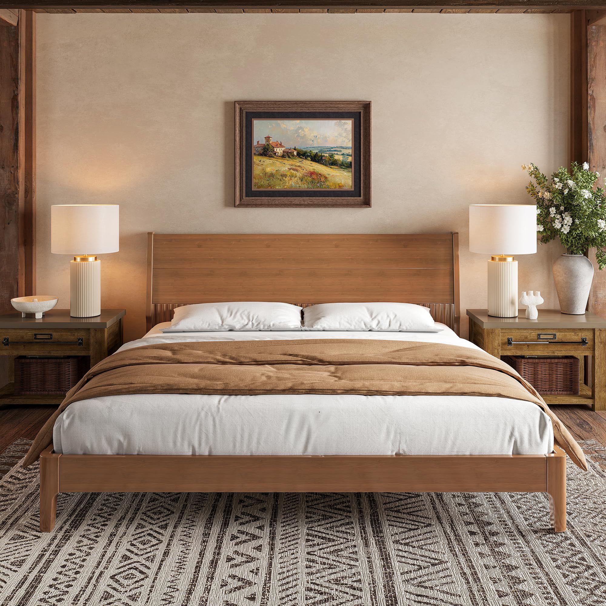Bellemave King Size Bamboo Platform Bed Mid-Century Modern Bed Frame with 39 4 Tall Headboard Solid Bamboo Bedframe