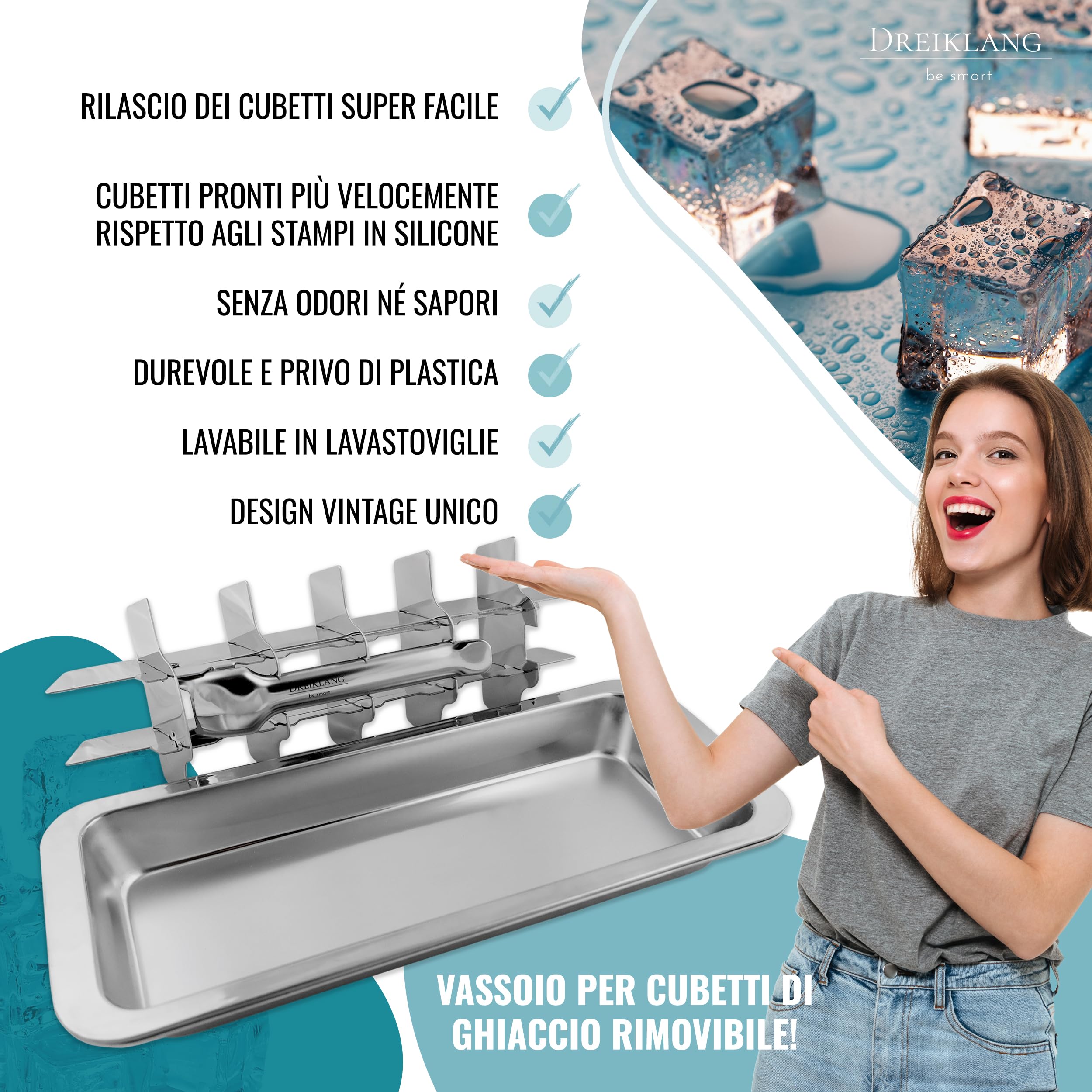 Dreiklang - be smart Vaschetta Ghiaccio Acciaio Inox 18/8 con Leva – Stampo Cubetti senza plastica, alimentare & durevole per 18 cubetti Ice Cube