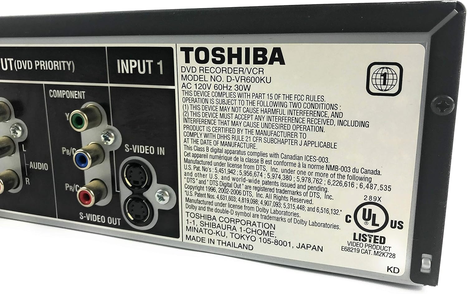 Toshiba D-VR600 Tunerless 1080i Up-Converting DivX Certified DVD Recorder VCR Combo,Black