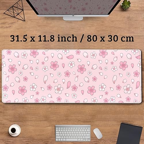Miniatura 3 de Alfombrilla de mouse con diseño de flor de cerezo, tamaño Kawaii, color rosa, XL, grande, extendida, para videojuegos, para escritorio, estética,
