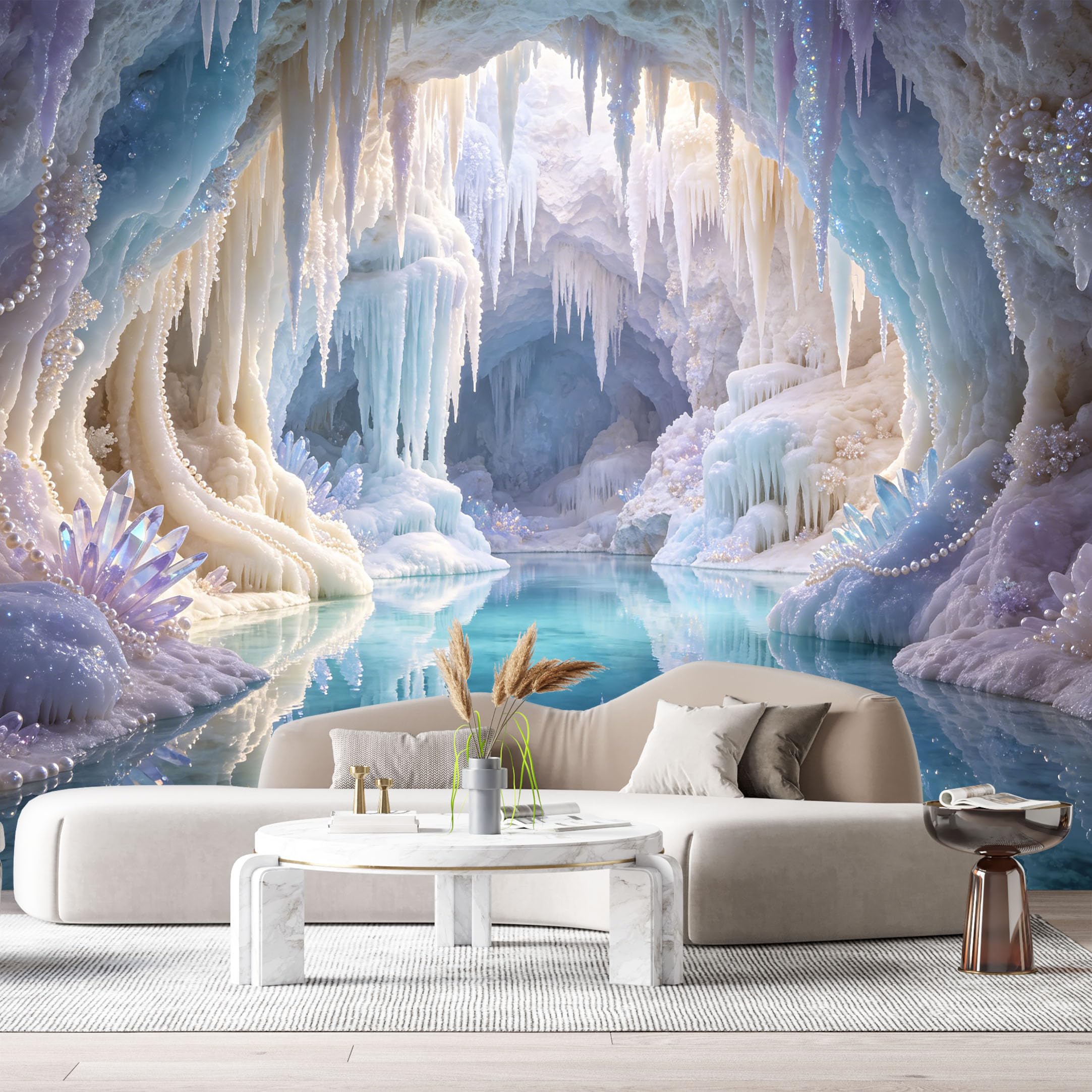 Custom Size Wall Murals Ice Cave Fantasy Landscape 3D Trompe L'Oeil Crystal Icicle Reflective Water SelfAdhesive Wall Fabric Removable Large Wallpaper for Photo Living Room