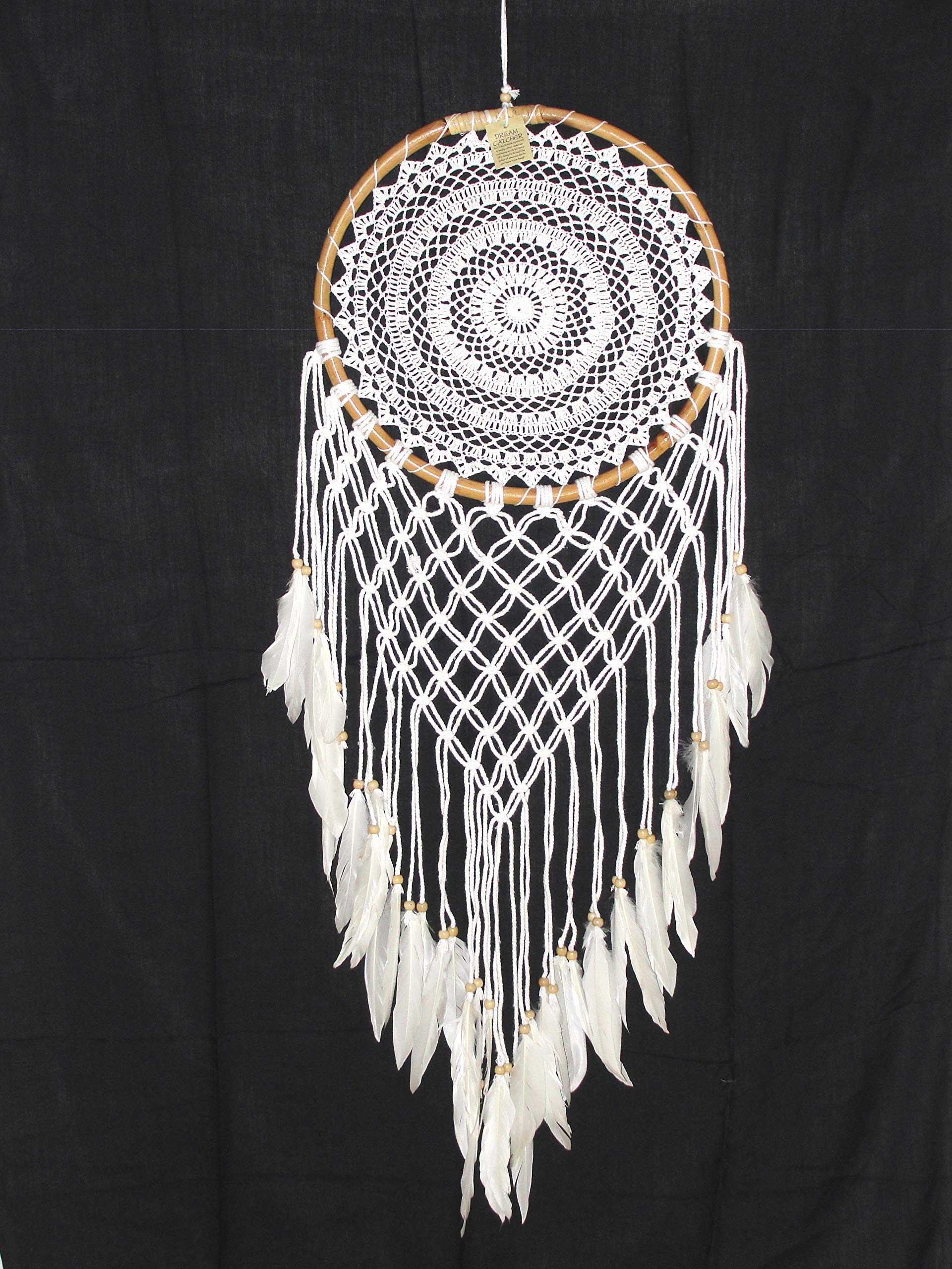 Großer Traumfänger Dreamcatcher gehäkelt weiss Ø 40cm mit Bambusrahmen und Makramee Wanddeko Raumschmuck Raumdeko Dekoaccessoire Mobilee-Aufhänger