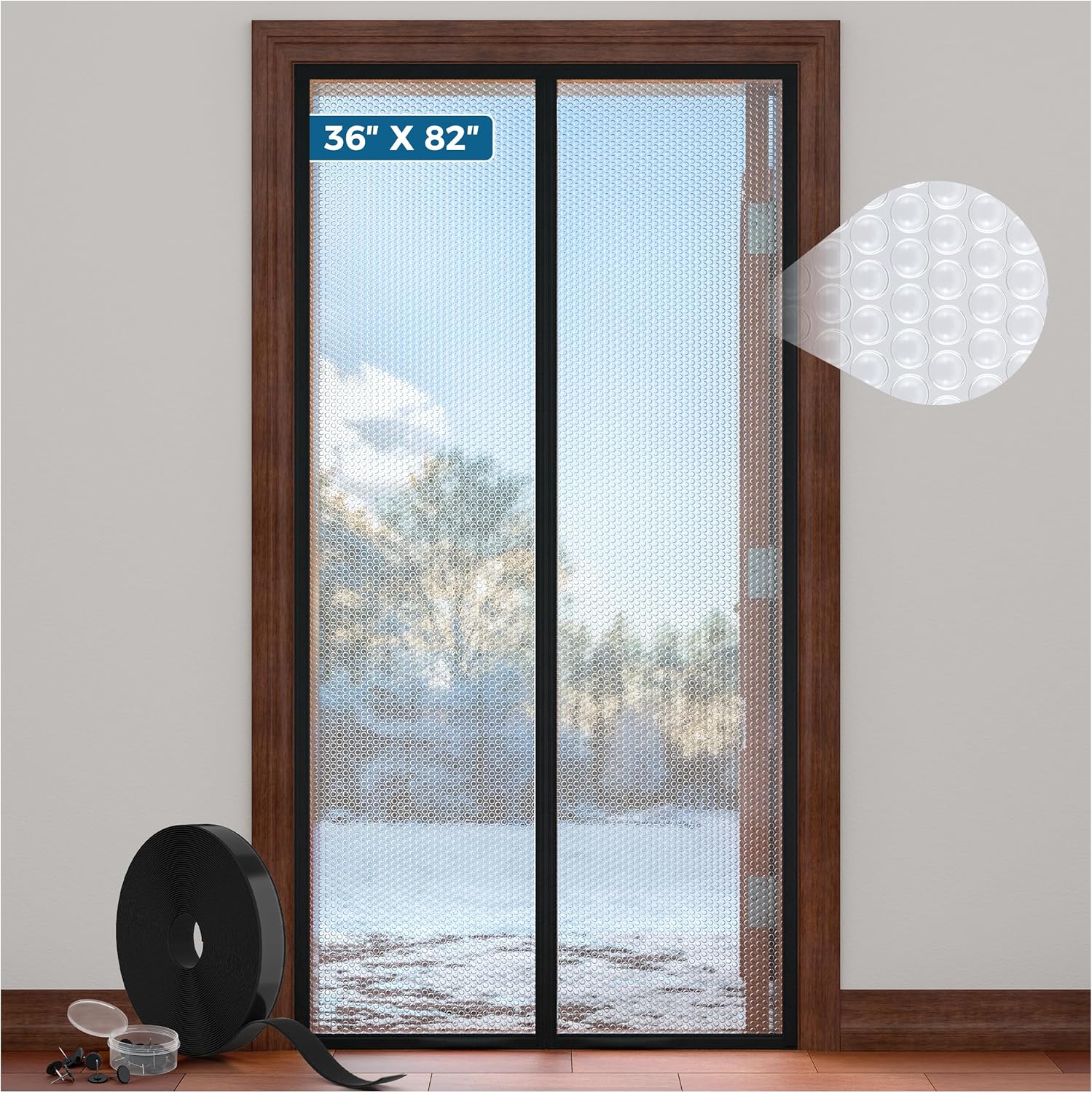 Magnetic Thermal Insulated Door Curtain - Fit Door Size 36x82 Inch Waterproof Bubble Wrap Door Cover Light Filtering Screen Door, Keep Warm in Winter Cool in Summer, Kid & Pet Friendly
