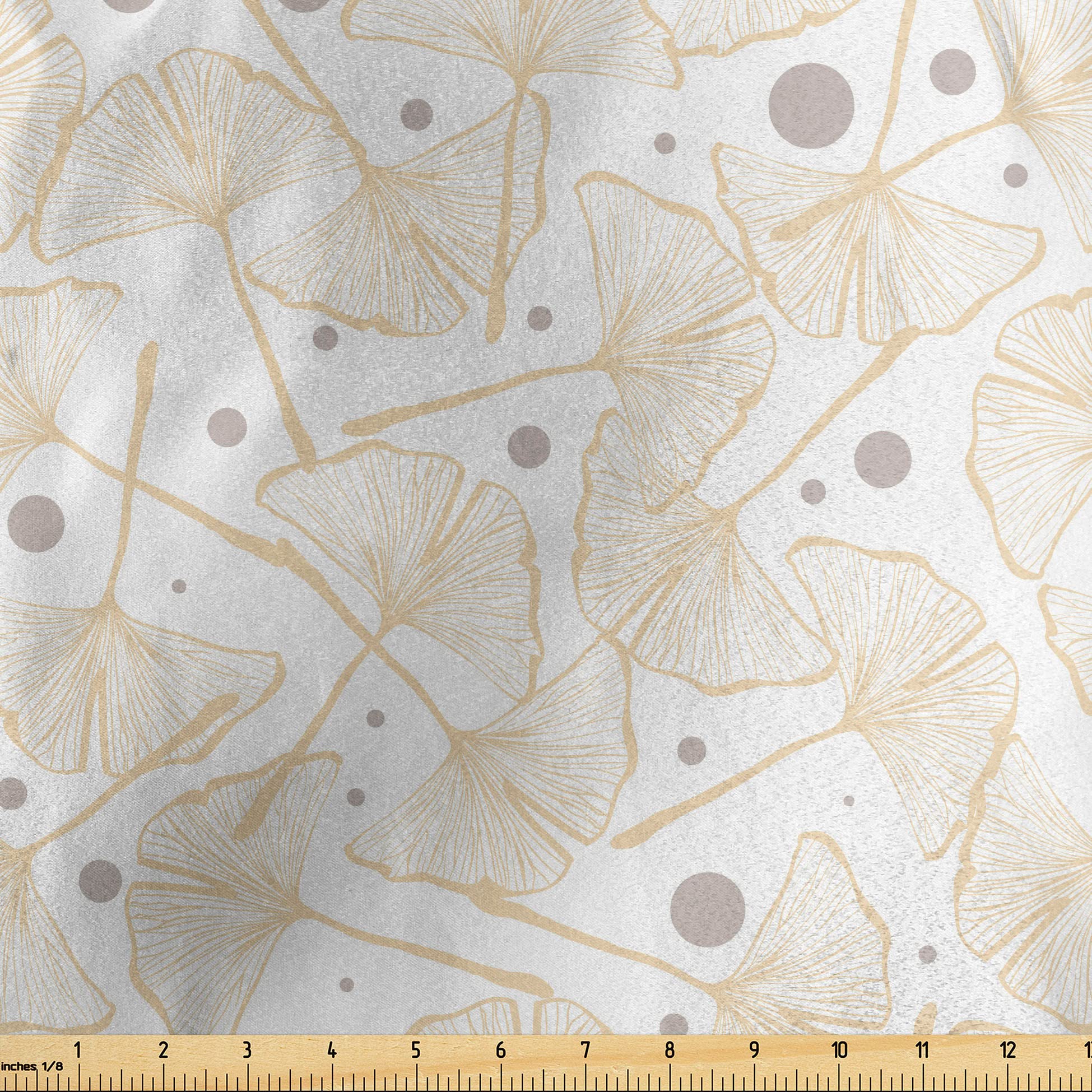 Lunarable Chinese Fabric by The Yard, Ginkgo Biloba Leaves Repeated Tree Plants Nature Theme Foliage Ornament, Decorative Satin Fabric for Home Textiles and Crafts, 2 Yards, Beige Taupe and White