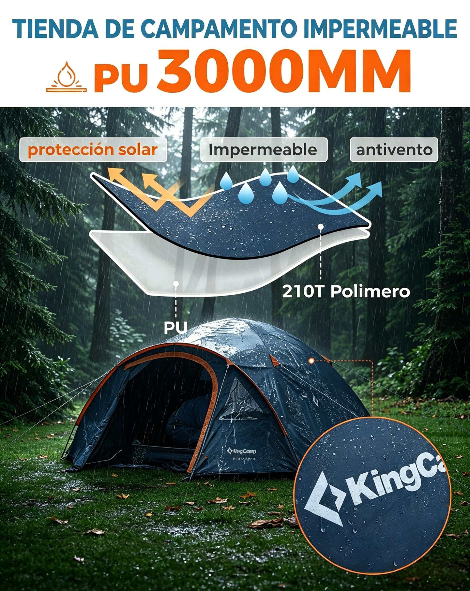 KingCamp 3-4 Personas Tienda Impermeable 3000mm Tienda Camping con Porche y Ventana PVC, Tienda Cúpula Doble Capa con Vestíbulo para Festival, Acampada Familiar, Jardín