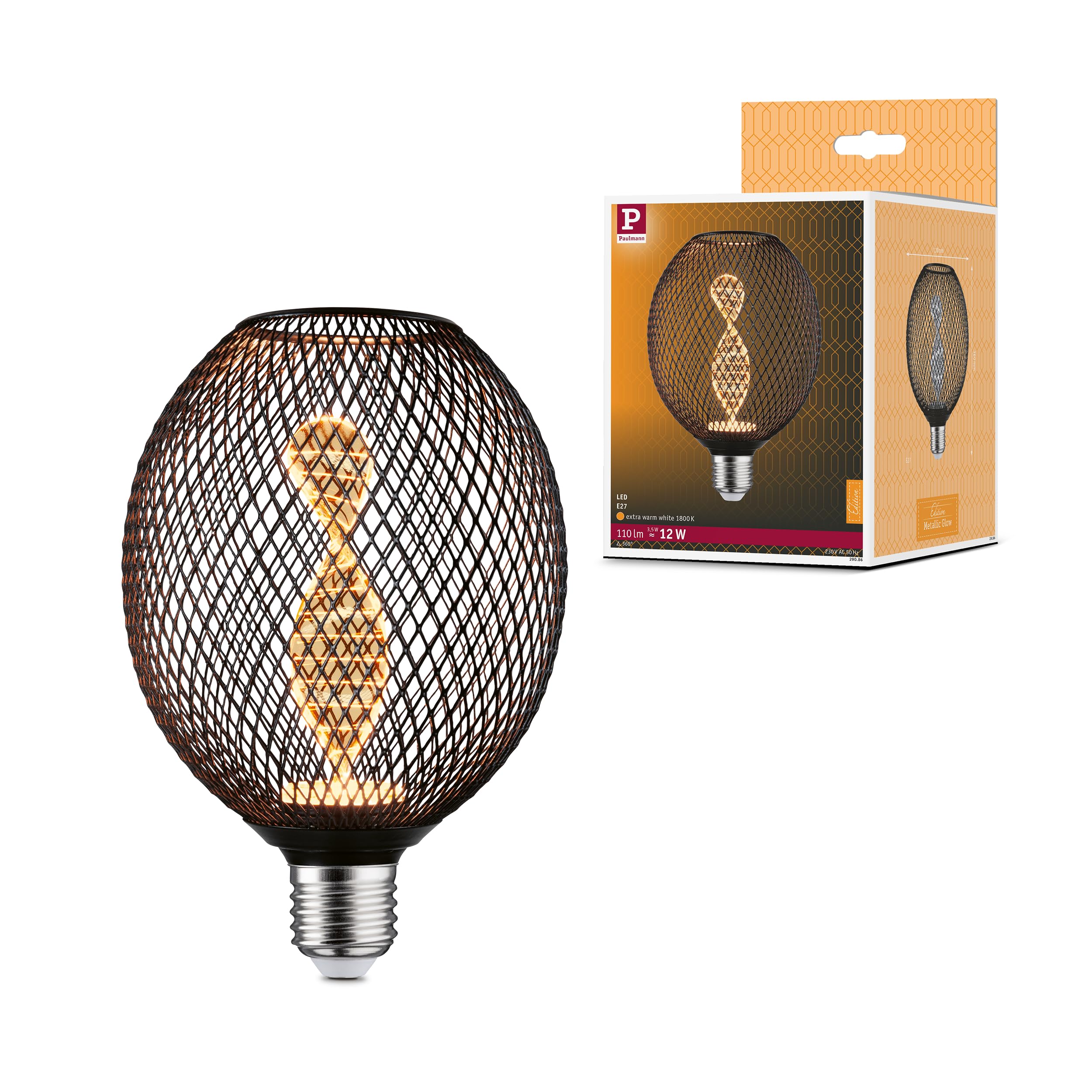 Paulmann Black 29086 Metallic Glow Edition Standard 230V Led Globe E27 Helix 3.5W 110Lm 110Mm Metal 1800K