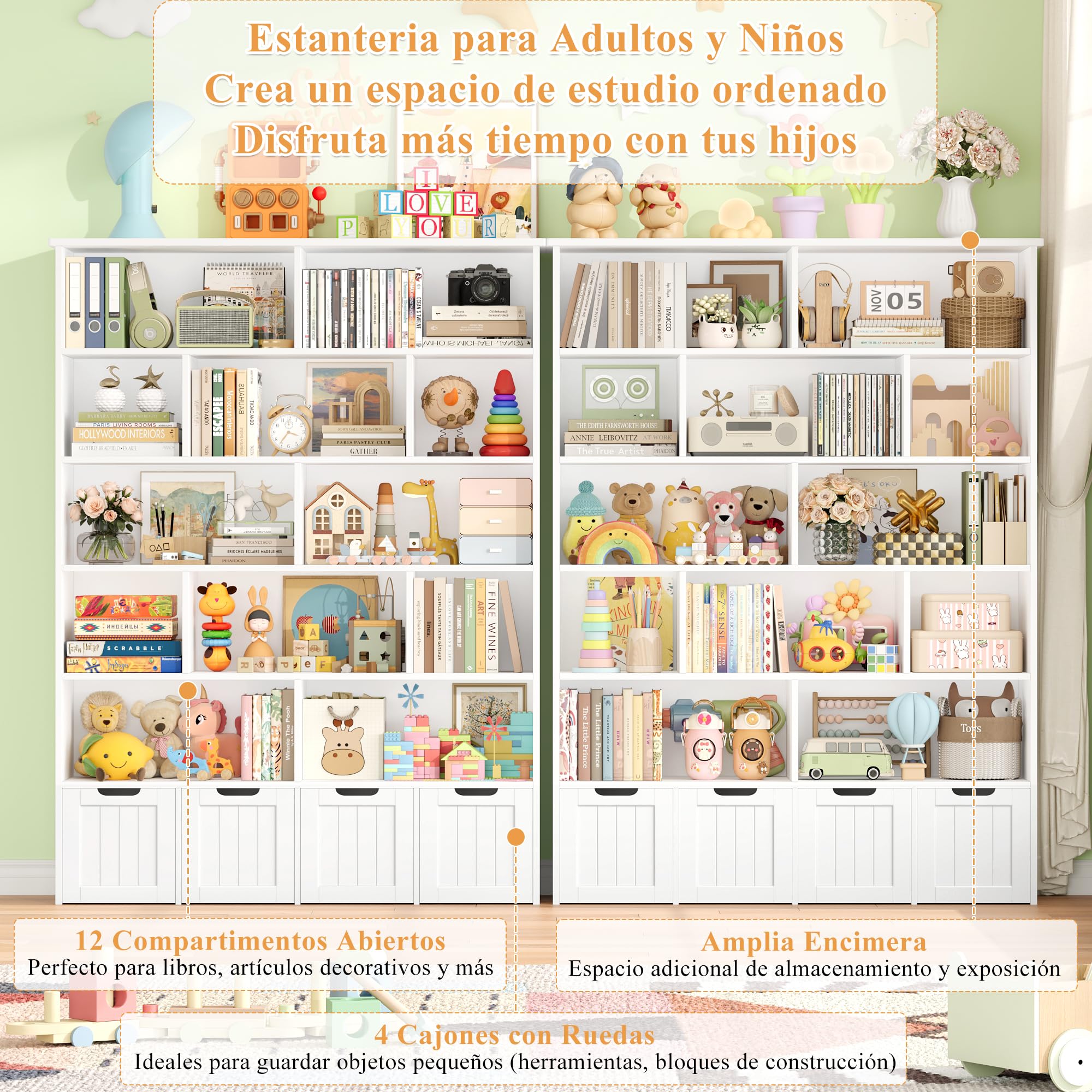 FOREHILL Mueble Organizador Juguetes, Mueble Almacenaje Juguetes, Estanteria Montessori, Organizador de Juguetes Estanteria Infantil, 4 Cajones con Ruedas, 12 Compartimentos, Blanco 125.5x33x175 cm
