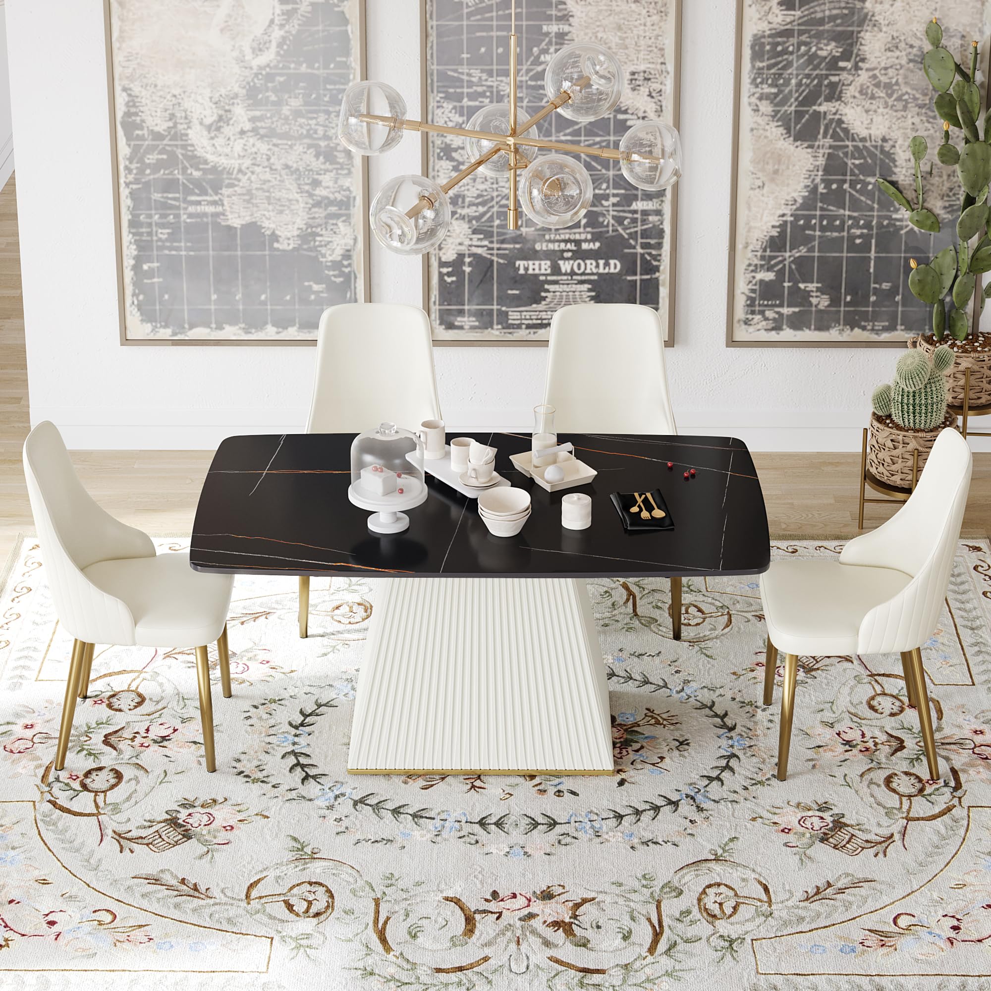 Modern Rectangle Dining Table for 6, Sintered Stone Tabletop with Solid ...