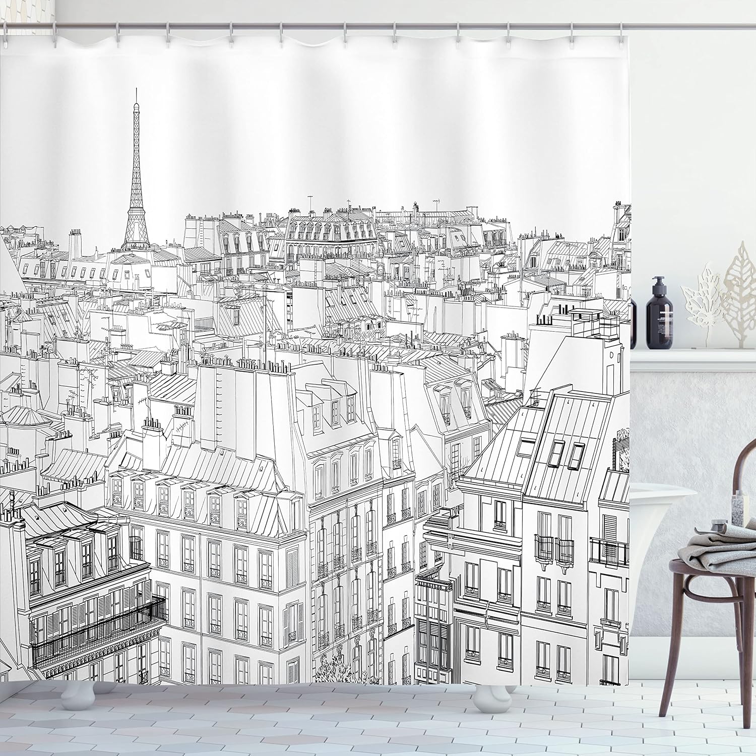 Ambesonne Paris Shower Curtain, Architecture Theme Design Illustration of Roofs in Paris and Eiffel Tower Print, Cloth Fabric Bathroom Decor Set with Hooks, 69" W x 75" L, Black