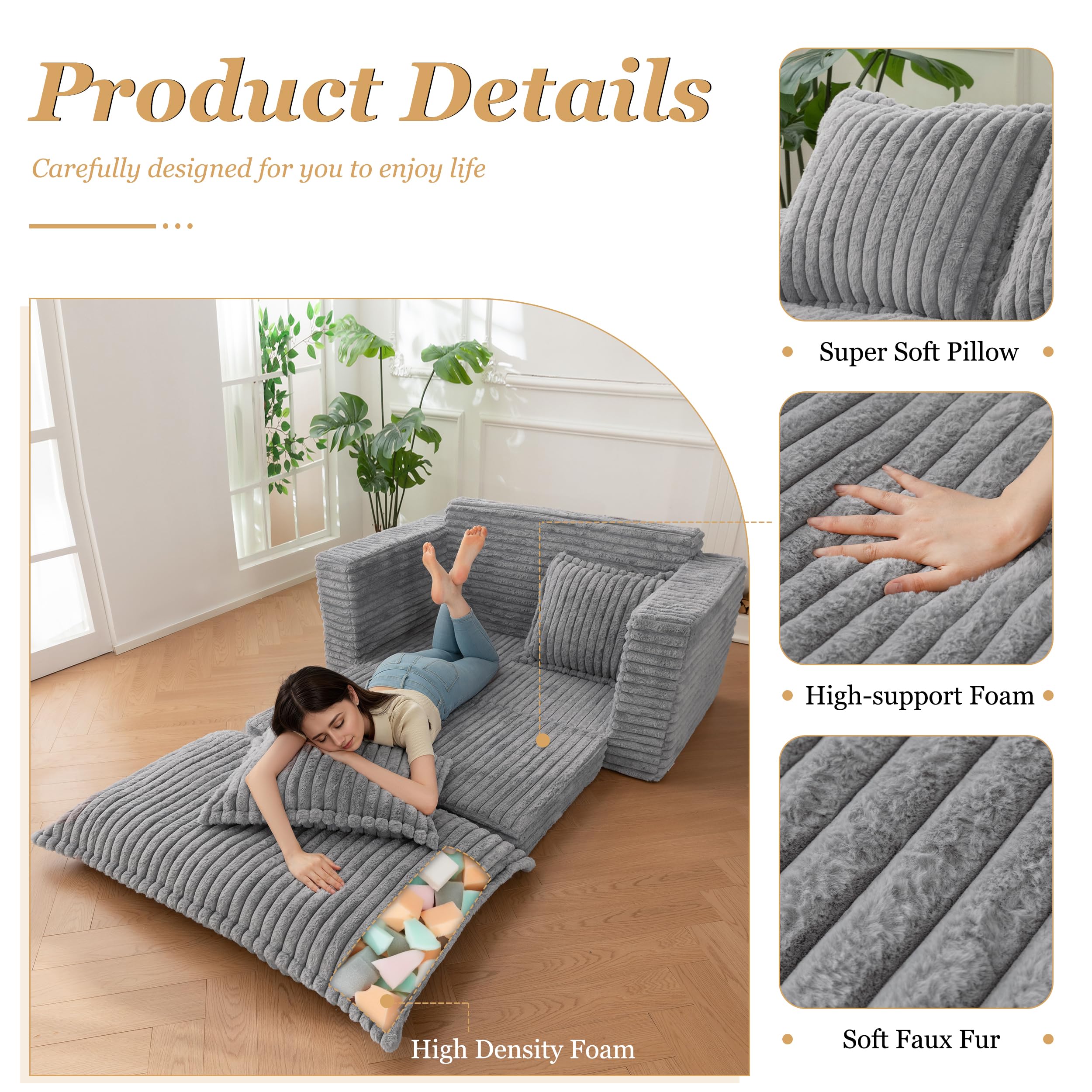 Loveseat Sleeper Sofa, Convertible Sofa Bed Couch Futon Couches for Living Room, 3-in-1 Pull Out Floor Couch with Cushion and Pillows, Dark Grey