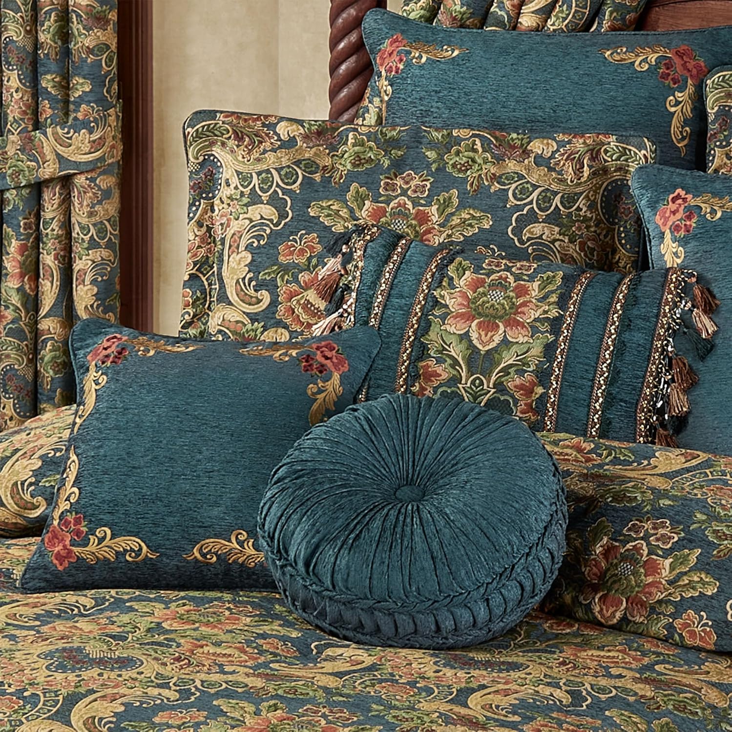 Casanova Chateau Luxury Bedding | Dark Teal Chenille | Bold Colorful Jacobean Floral Blossoms | 7 Piece Bed Set Includes Oversized Queen Comforter, Bedskirt, 2 Standard Shams, and 3 Decorative Pillows
