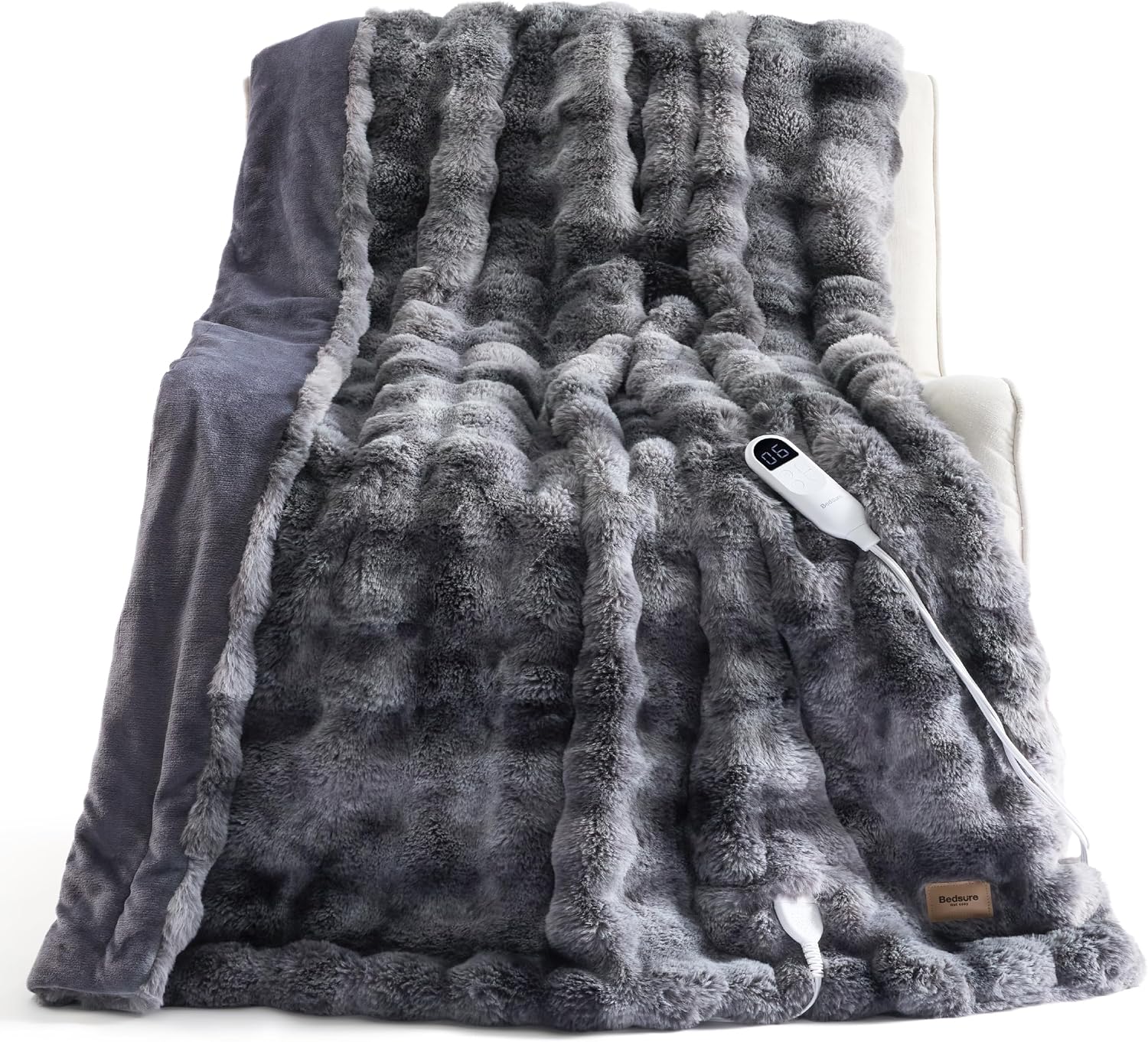 Bedsure Bubble Faux Fur Heated Blanket Electric Throw XL, Tie-dye Dark Grey