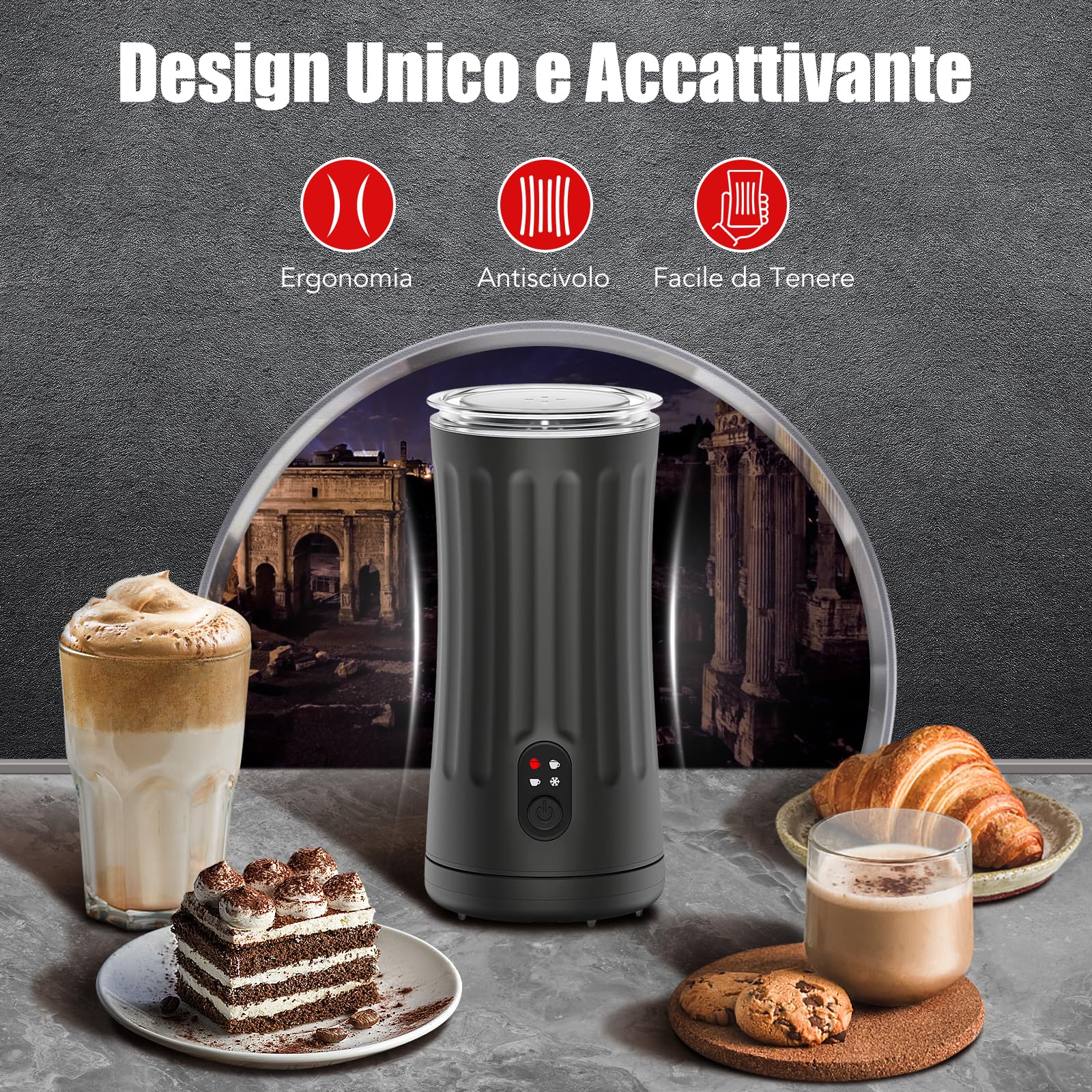 Ovetedot Montalatte Elettrico, Automatico 4 in 1 Cappuccinatore Elettrico, Schiuma di Latte Calda e Fredda, Montalatte Silenzioso per Caffè, Cappuccino, Macchiato, Cioccolata Calda, Nero Classico