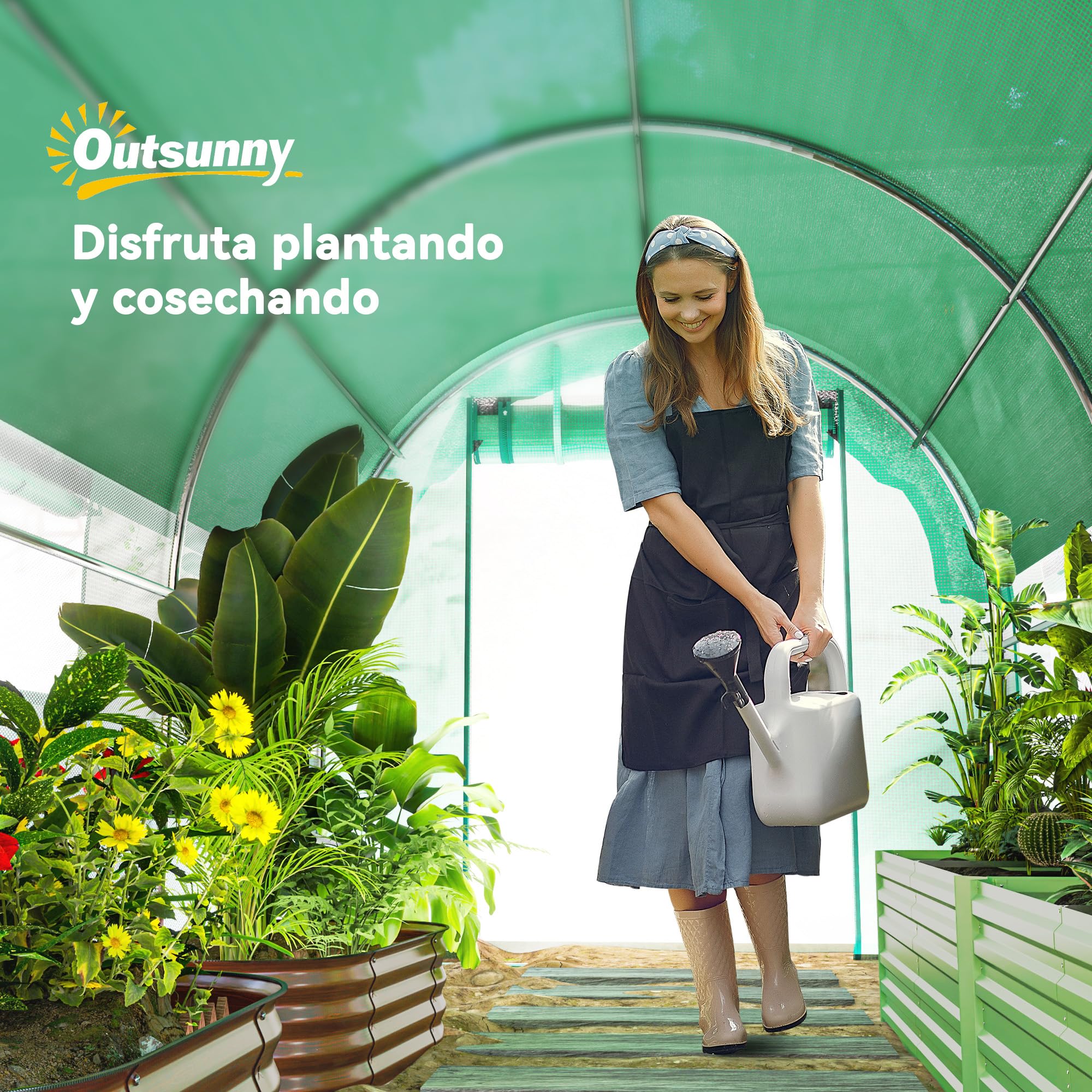 Outsunny Invernadero de Exterior 4,5x2x2 m con Cubierta Extra Túnel Verde | Paredes Laterales Enrollables, 8 Ventanas de Malla, Doble Puerta Enrollable, para Jardín Patio