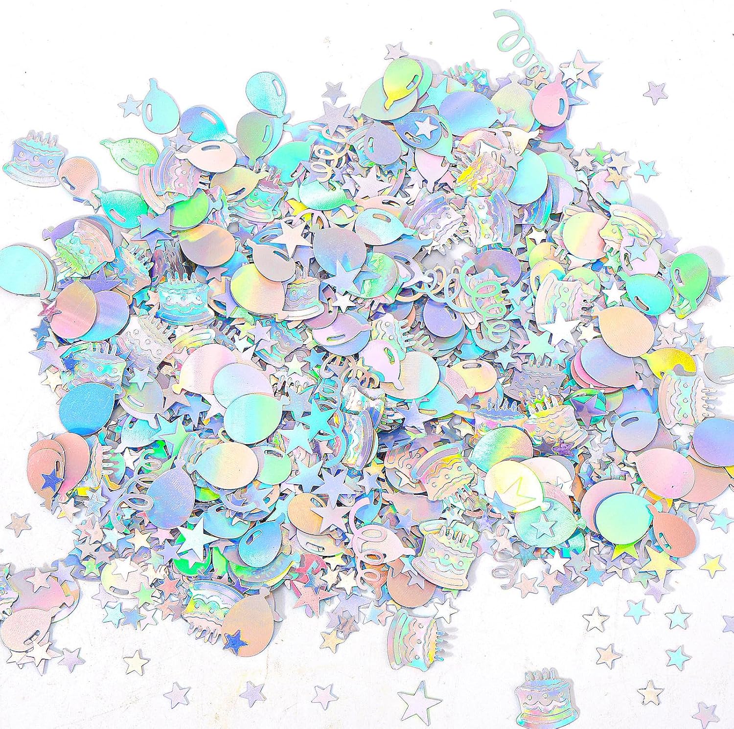 Gosknor 600pcs Birthday Confetti, Metallic Birthday Table Scatter Iridescent Party Confetti for DIY Crafts Cake Balloons Stars Ribbons Shapes Festive Table Decoration