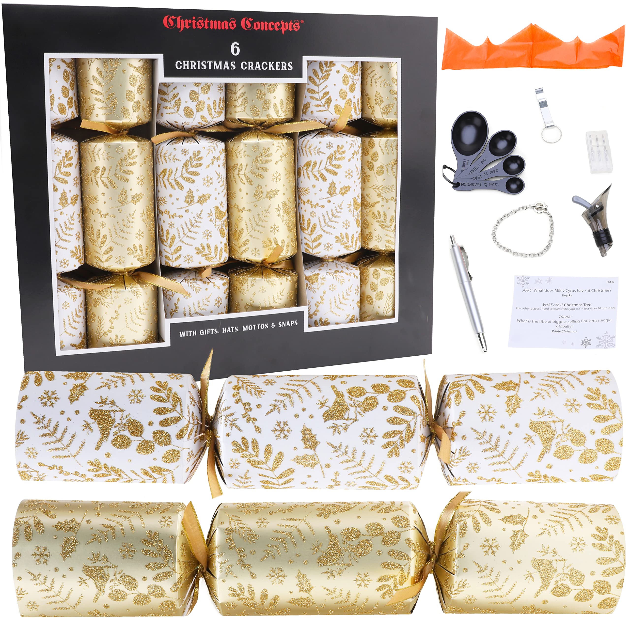 Christmas Concepts® 6 Large Deluxe Glitter Decorated Christmas Crackers – Hats, Mottos, Snaps & Novelty Gift Included