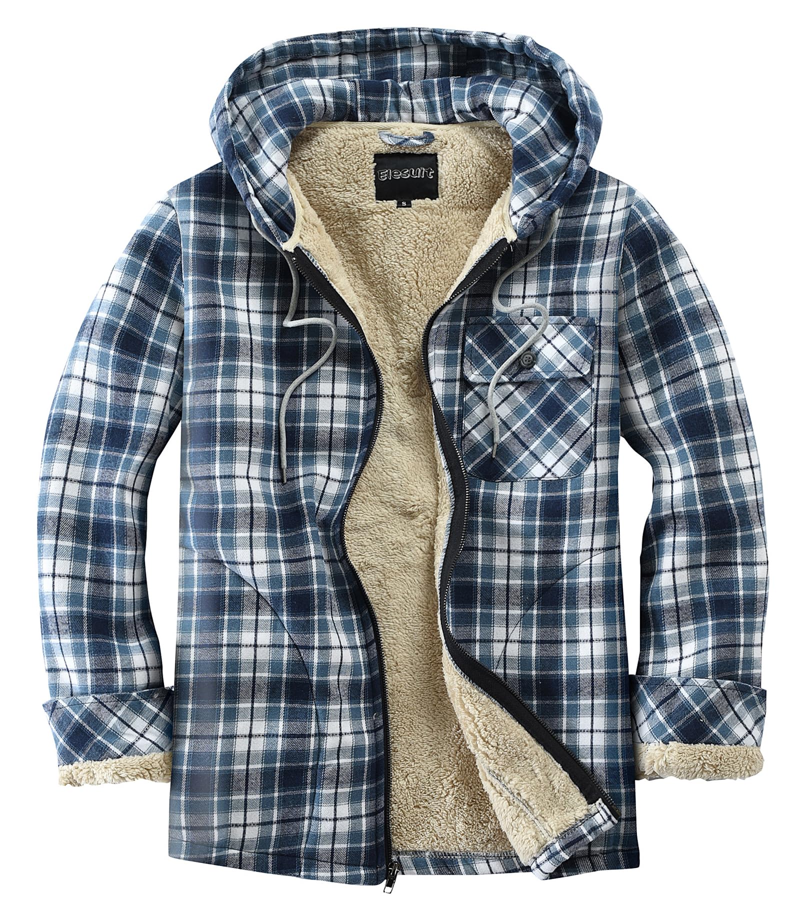 Elesuit Men's Full Zip Fleece Flannel Jackets Shirt Plaid Cotton Hoodies Soft Warm Coat for Men with Hood