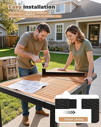 Miniatura 4 de Flamaker Juego de comedor de 7 piezas para patio, mesa y sillas de madera de acacia al aire libre con cojines suaves, muebles de patio de mimbre