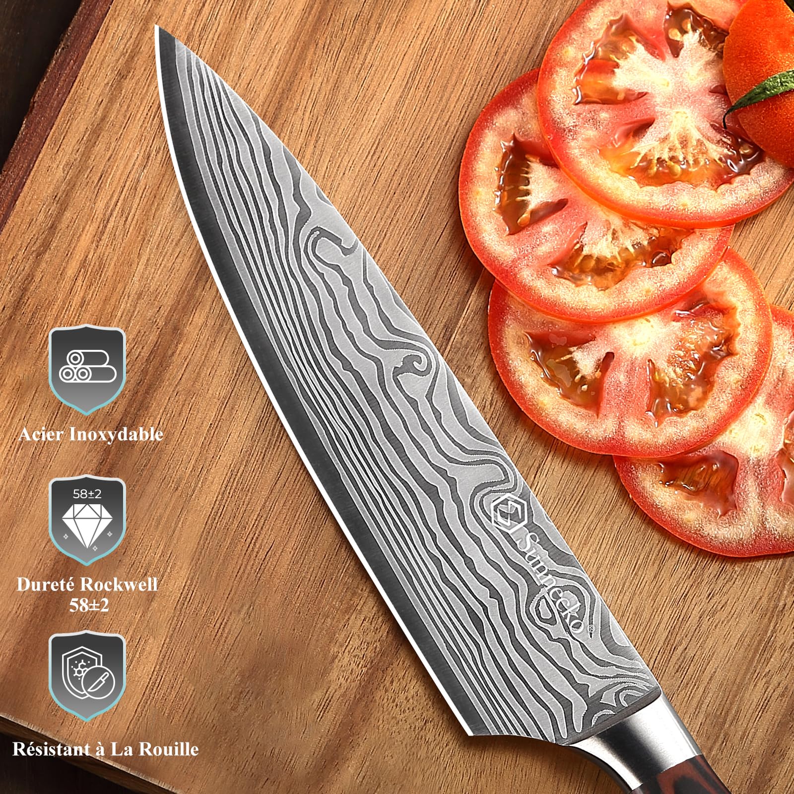 Sunnecko Set Couteau Cuisine Professionnel - Couteaux de Cuisine Japonais 5 Pièces en Acier Inox Lasé, Couteau Office Chef Santoku Pain Légume