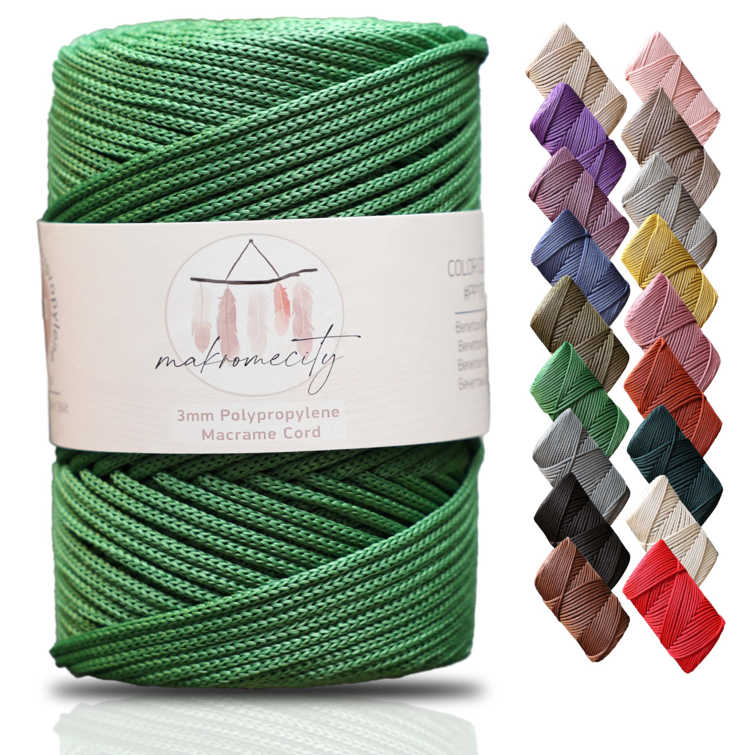 Makromecity Premium Polyester Macrame Cord, 3mm x 131 Yards (394 ft / 120m), Polypropylene, Benetton Grren, Macrame Cord for Wall Hangings, Bags, Underplate, Rug, Crochet & Knotting