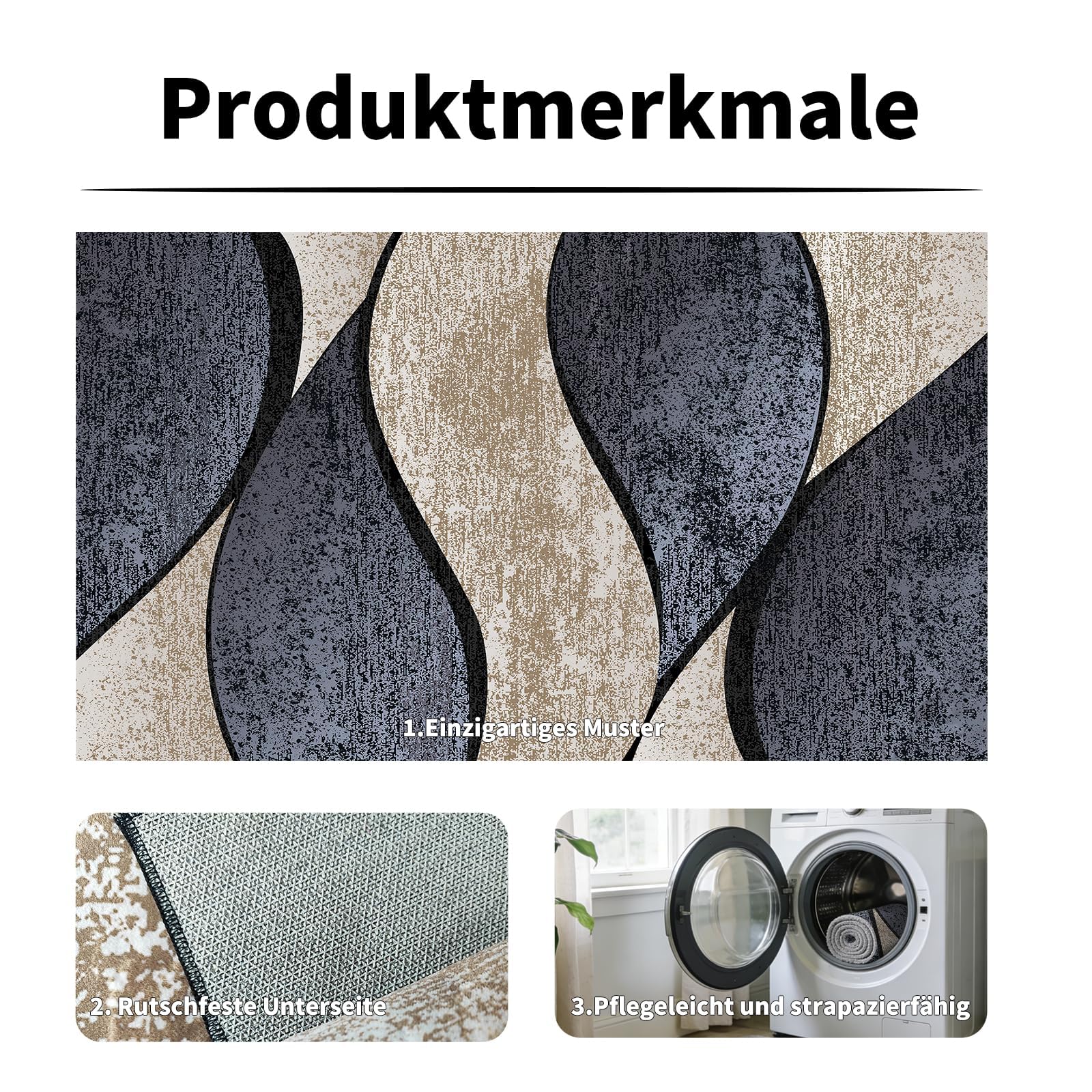 Teppich 160x230 cm, Waschbar, rutschfest, Kurzflor Wohnzimmer Teppich im Modernen Wellenmuster, Pflegeleichter Teppich für Schlafzimmer, Esszimmer, Küche und Büro