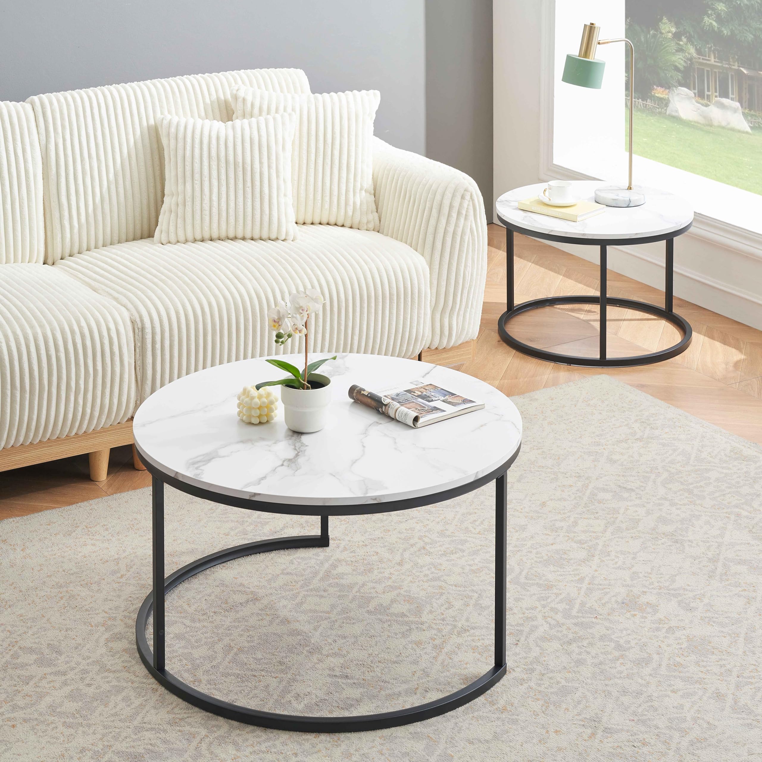 Marmo effetto Tavolo Rotondo, Coffee Table cornice nera, Tavolino da Salotto Moderno, set di 2 pezzi da Tavolino Salotto Bianco