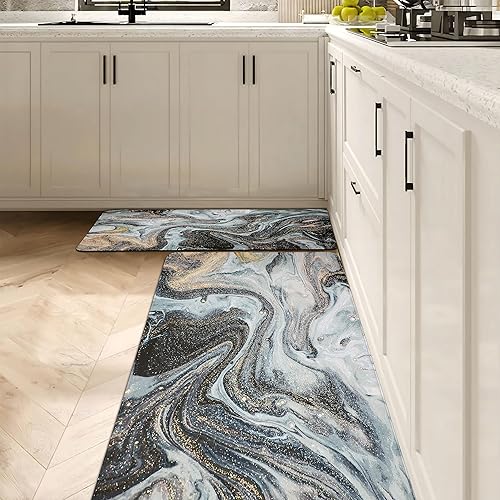 Miniatura 6 de Alfombrillas antifatiga de mármol negro y dorado para suelo de cocina, alfombras de cocina acolchadas y antideslizantes de 0.4 pulgadas, tapete de