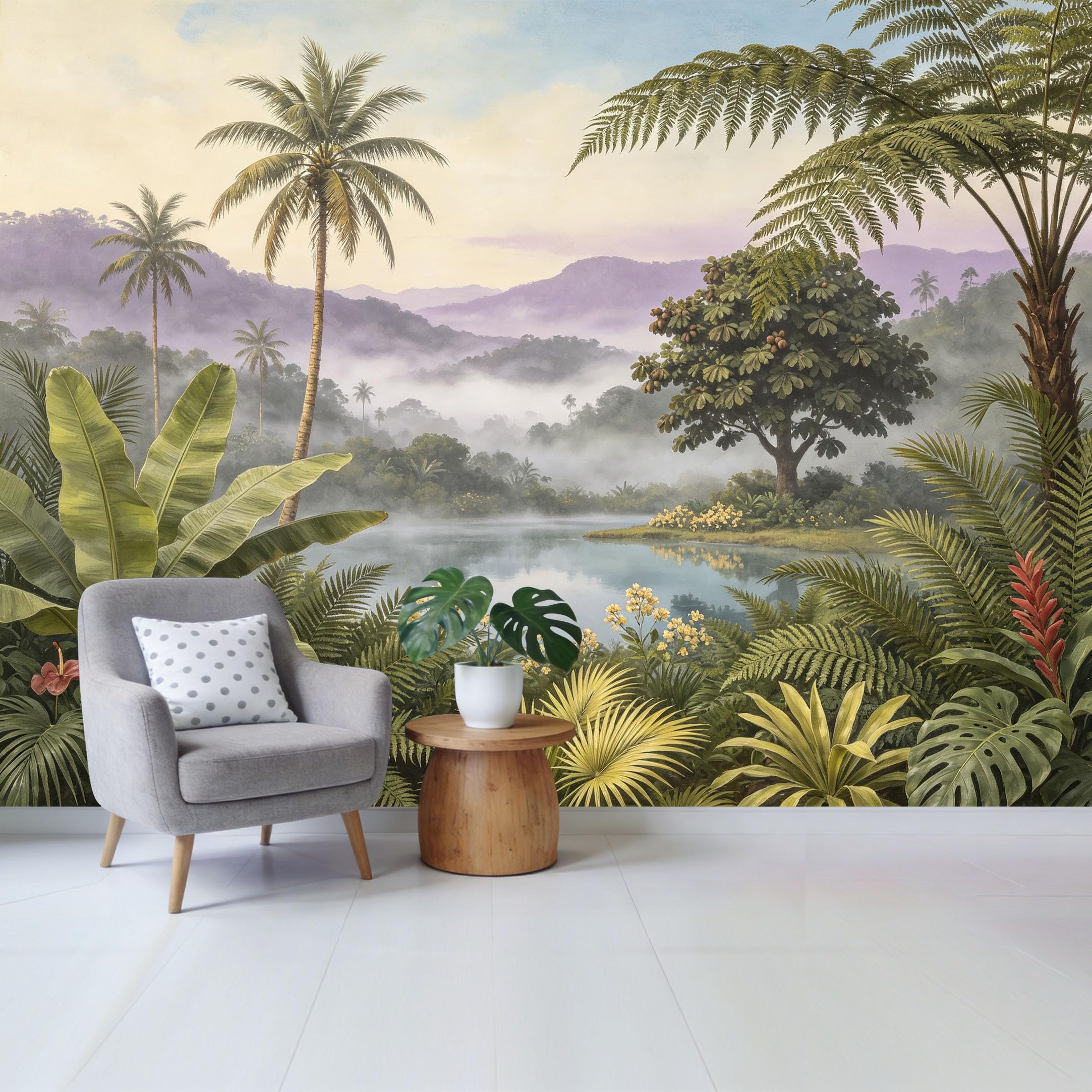 Custom Size Wall Mural， Watercolor Tropical Jungle Palm Fern Misty Lake Landscape Removable Self Adhesive Fabric，Home Wall Decor for Living Room Bedroom Bathroom