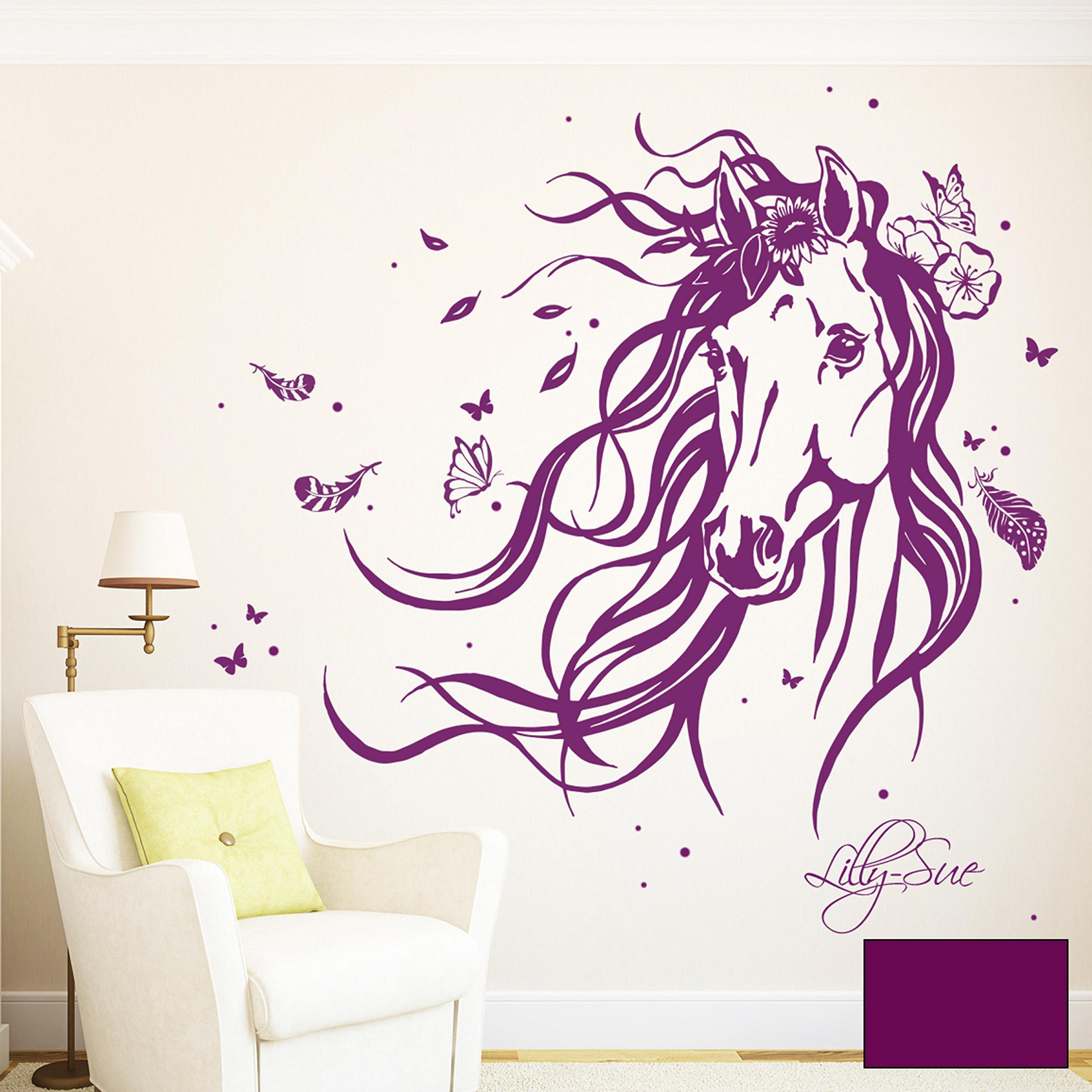 ilka parey wandtattoo-welt® Wandtattoo Pferd Wildpferd mit Blumen Federn Schmetterlingen und Wunschnamen M1874 ausgewählte Farbe: *lila* ausgewählte Größe: *L - 100cm breit x 82cm hoch*